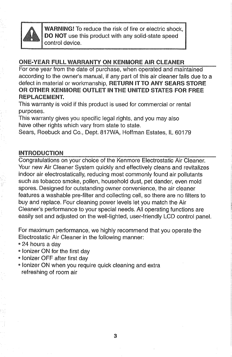 One-year full warranty on kenmore air cleaner, Introduction | Kenmore 437.85264 User Manual | Page 3 / 15