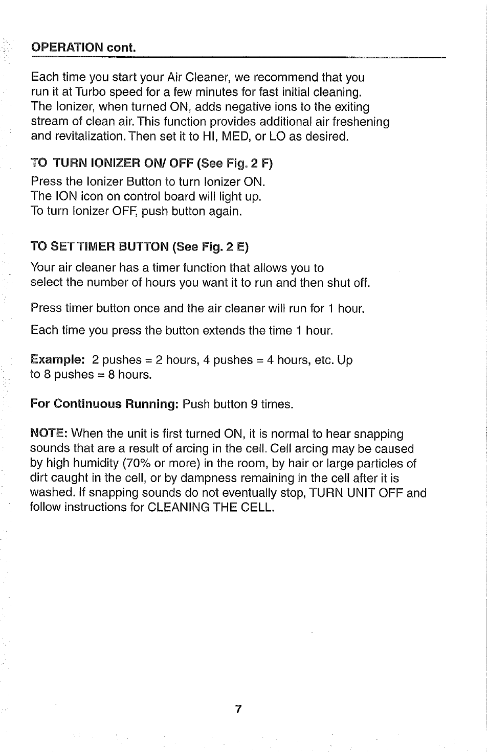 To turn ionizer on/ off (see fig. 2 f), To set timer button (see fig. 2 e) | Kenmore 437.85264 User Manual | Page 7 / 15