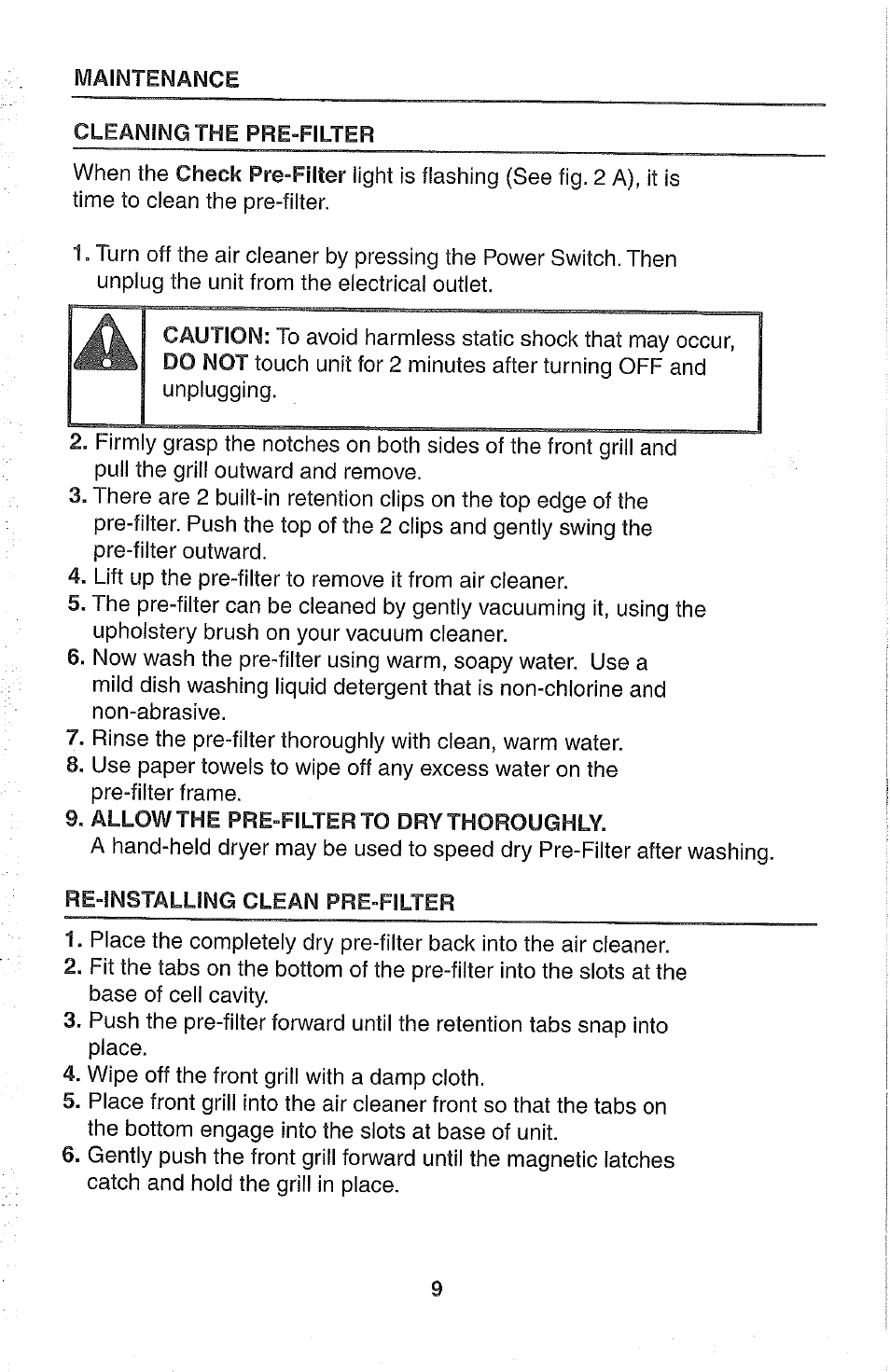 Allow the pre-filter to dry thoroughly, Re-installing clean pre-filter | Kenmore 437.85264 User Manual | Page 9 / 15