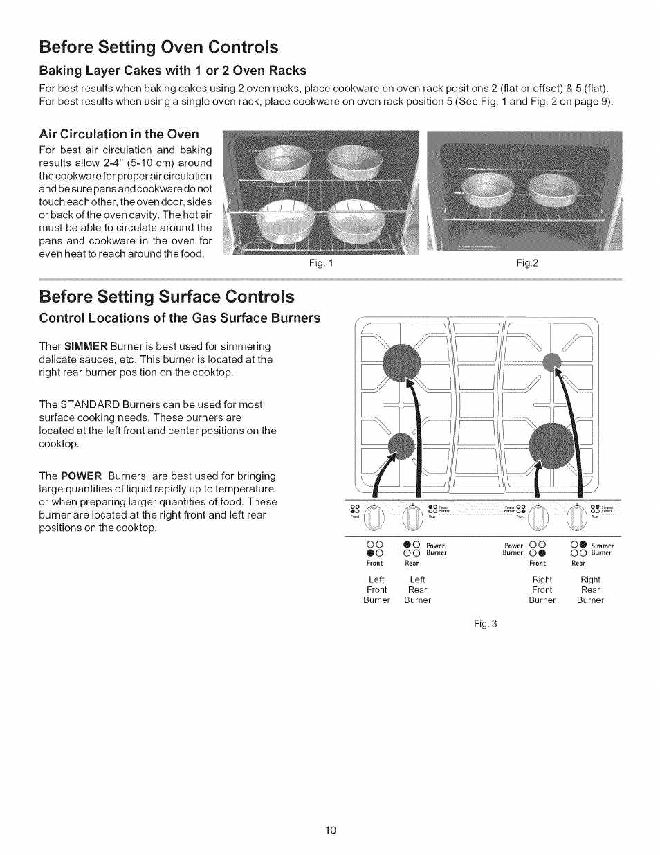 Baking layer cakes with 1 or 2 oven racks, Air circulation in the oven, Before setting surface controls | Control locations of the gas surface burners, Before setting oven controls -10, Before setting oven controls | Kenmore ELITE 790.7943 User Manual | Page 10 / 40