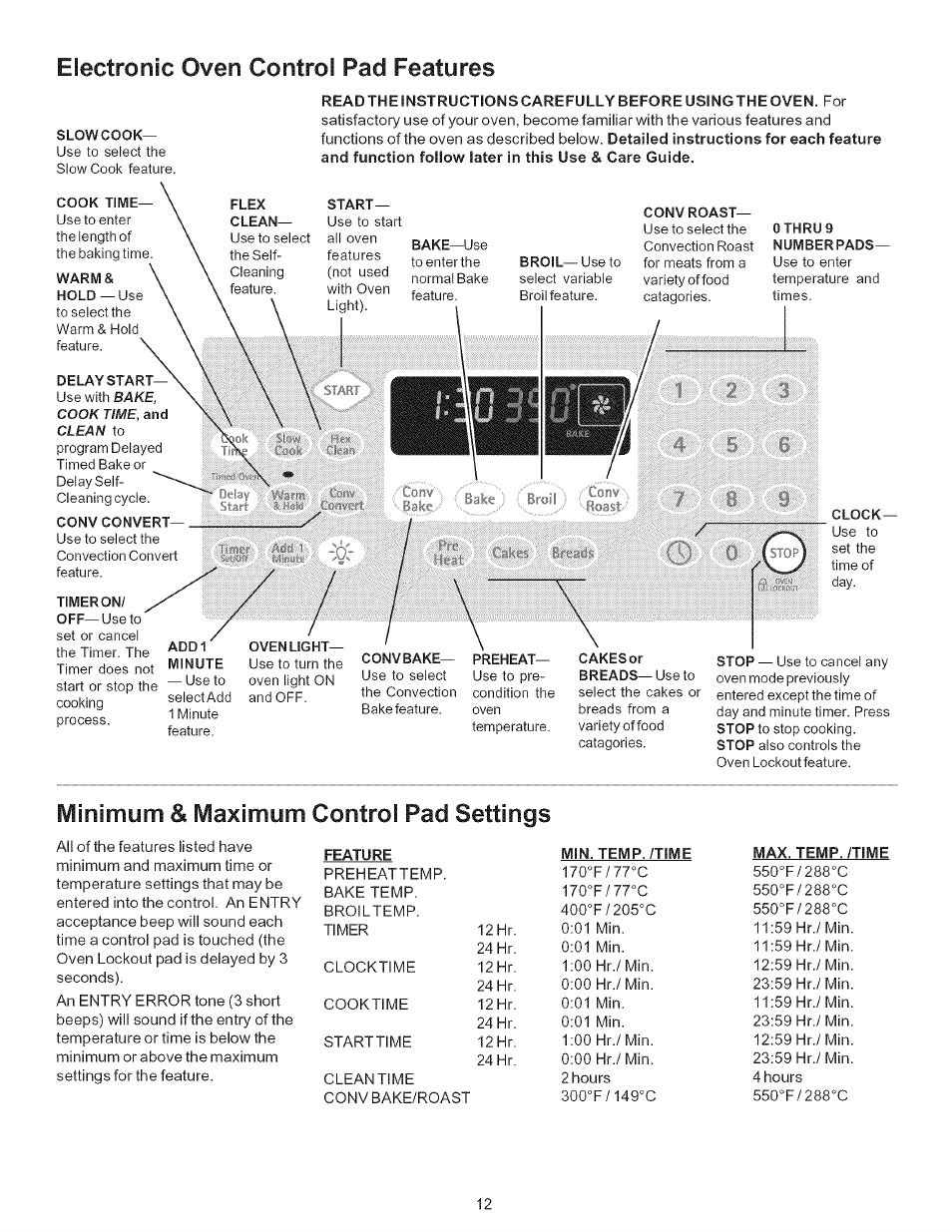 Minimum & maximum control pad settings, Electronic oven control pad features | Kenmore ELITE 790.7943 User Manual | Page 12 / 40