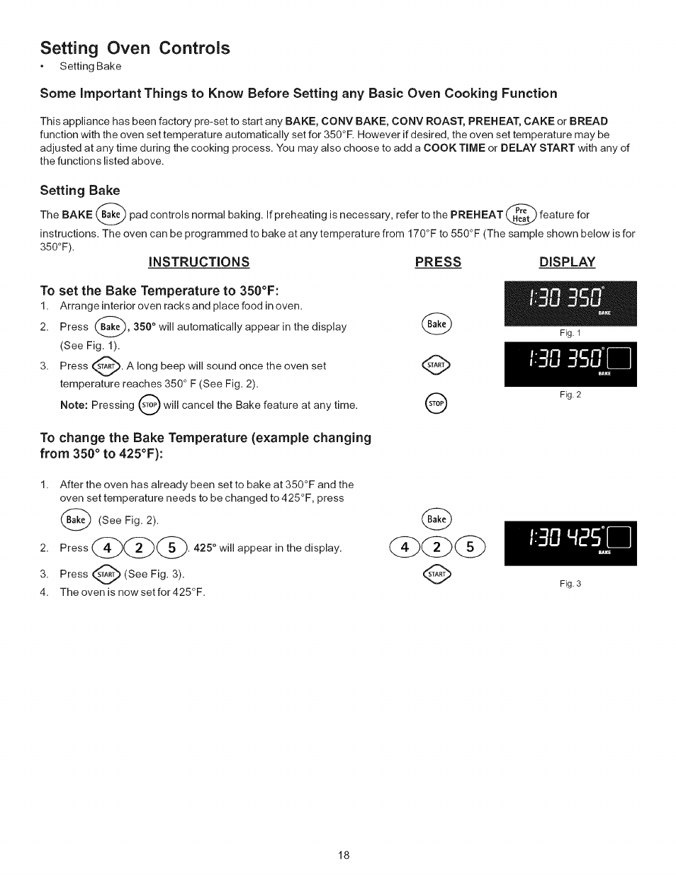 Setting bake, Instructions, To set the bake temperature to 350“f | Cdcdcd, Setting oven controls | Kenmore ELITE 790.7943 User Manual | Page 18 / 40