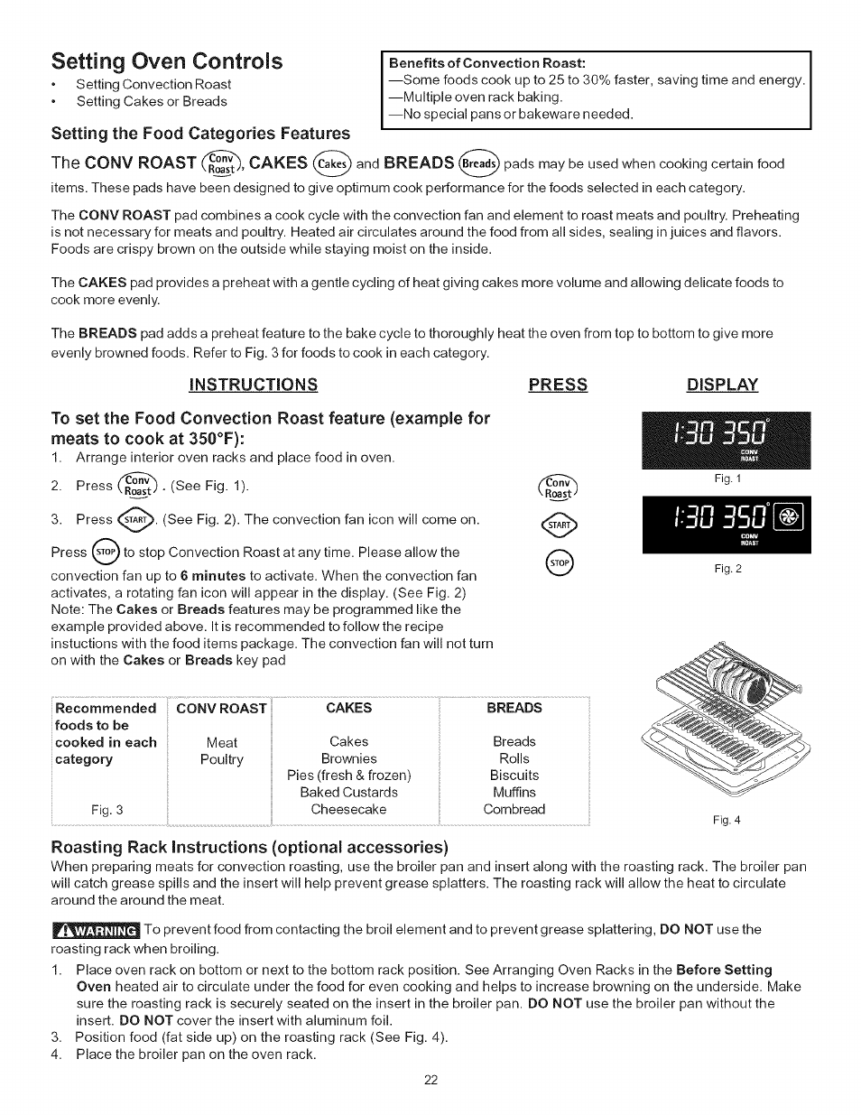 Setting oven controls, Setting the food categories features, Instructions | Press, Display, Roasting rack instructions (optional accessories), Setting convection roast, 350®f) | Kenmore ELITE 790.7943 User Manual | Page 22 / 40
