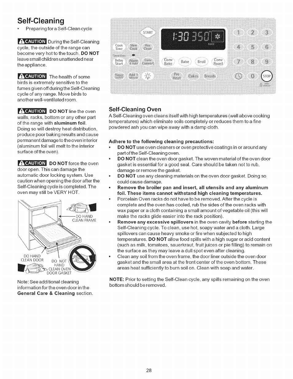 Self-cleaning, Self-cieaning oven, Adhere to the following cleaning precautions | Kenmore ELITE 790.7943 User Manual | Page 28 / 40