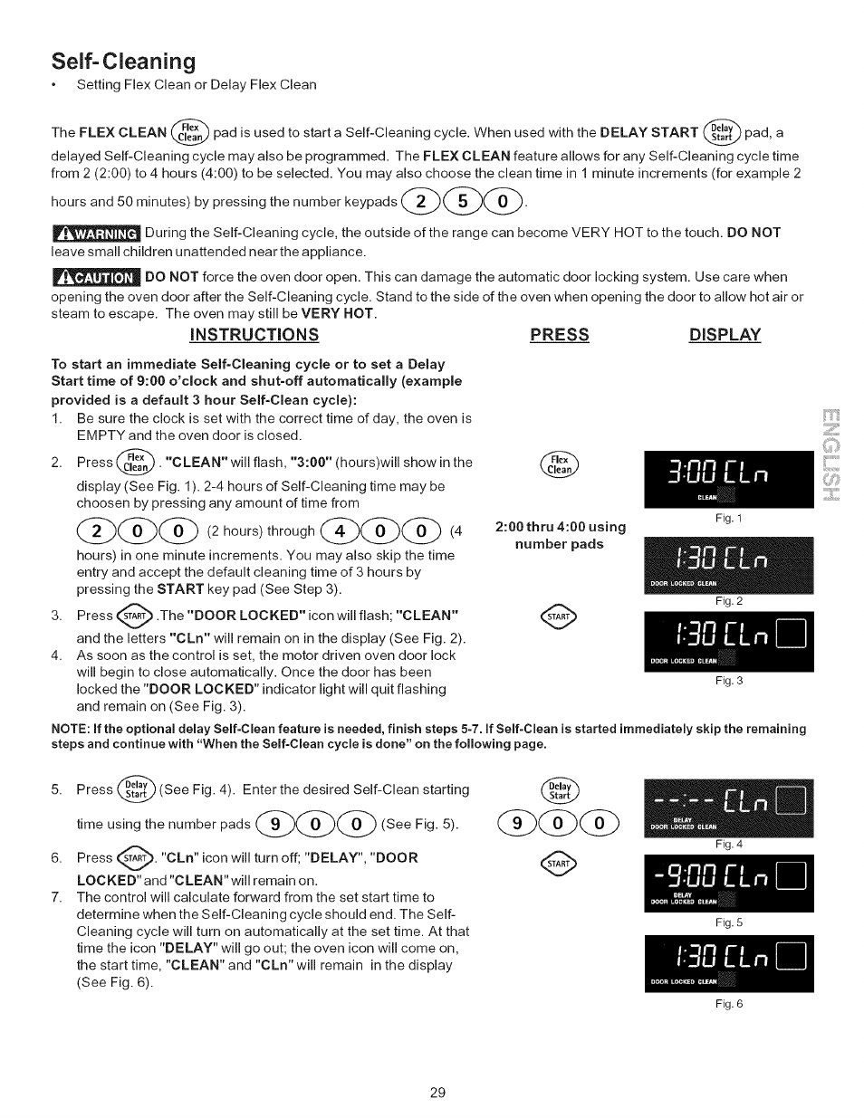 Seif-cleaning, Instructions, 00 thru 4:00 using number pads | 30 cln | Kenmore ELITE 790.7943 User Manual | Page 29 / 40