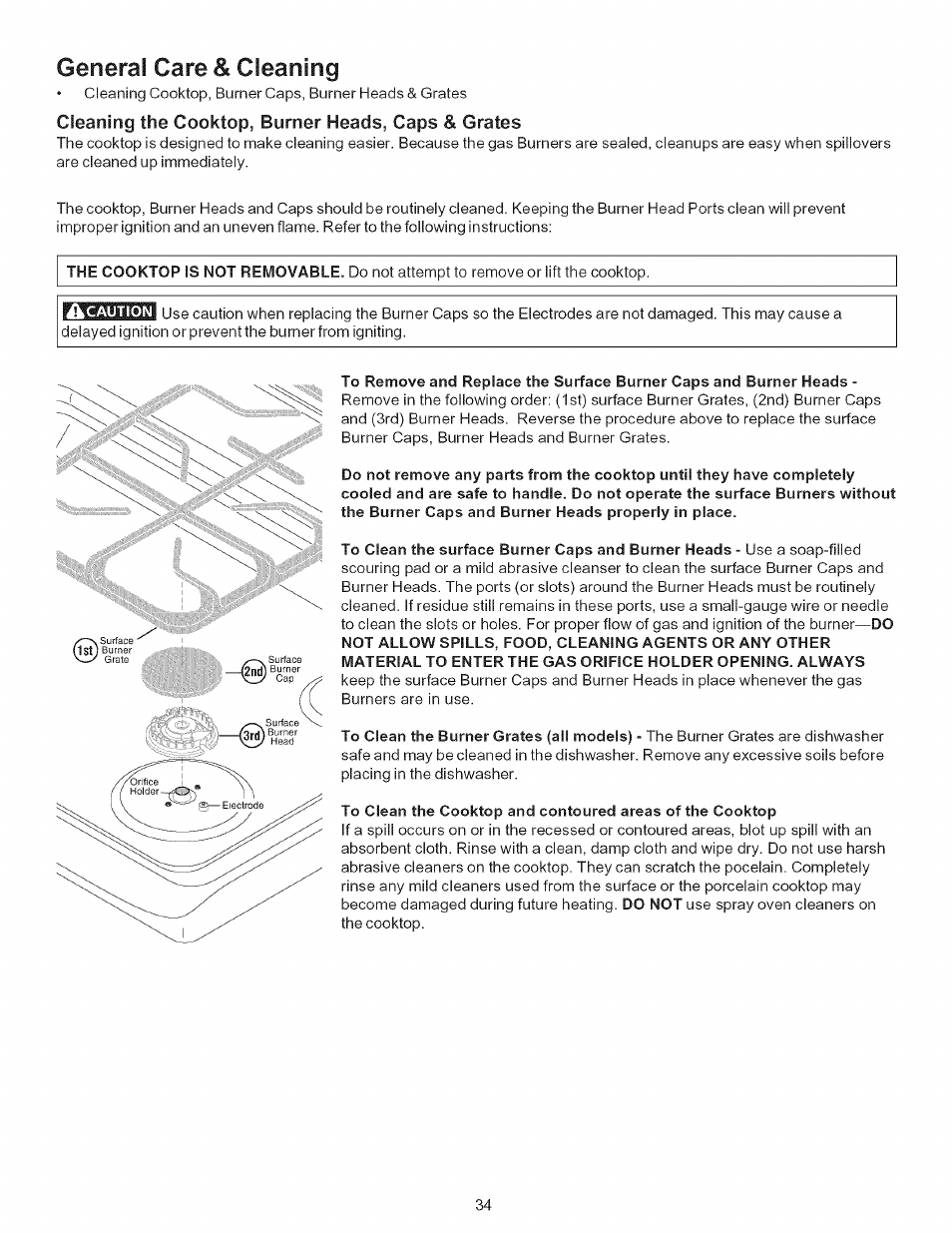 Cleaning the cooktop, burner heads, caps & grates, General, Care & cleaning | Kenmore ELITE 790.7943 User Manual | Page 34 / 40