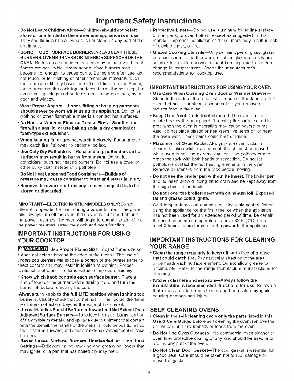 Important instructions for using your cooktop, Important instructions for using youroven, Important instructions for cleaning your range | Self cleaning ovens, Important safety instructions | Kenmore ELITE 790.7943 User Manual | Page 4 / 40