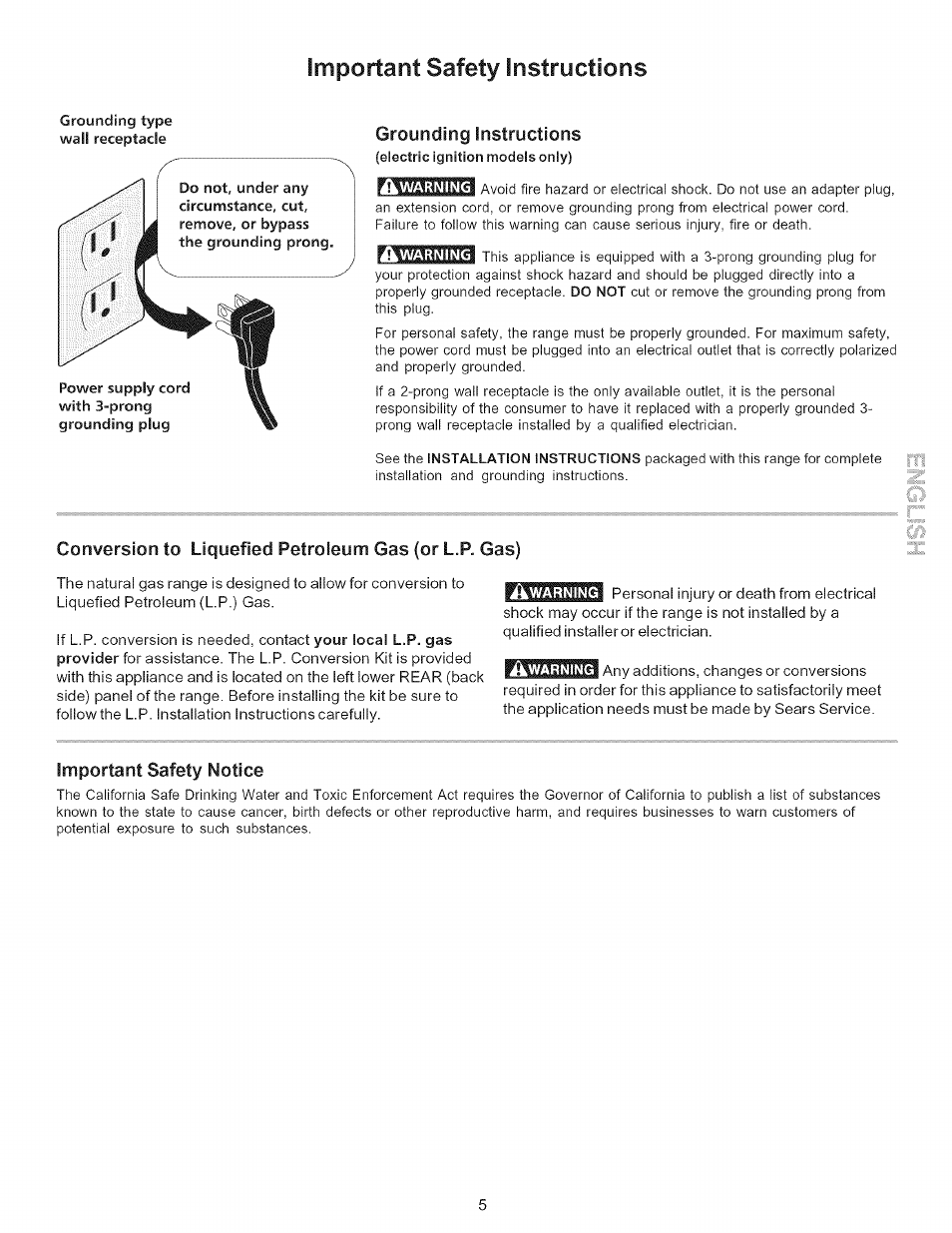 Grounding instructions, Important safety notice, Important safety instructions -5 | Important safety instructions | Kenmore ELITE 790.7943 User Manual | Page 5 / 40