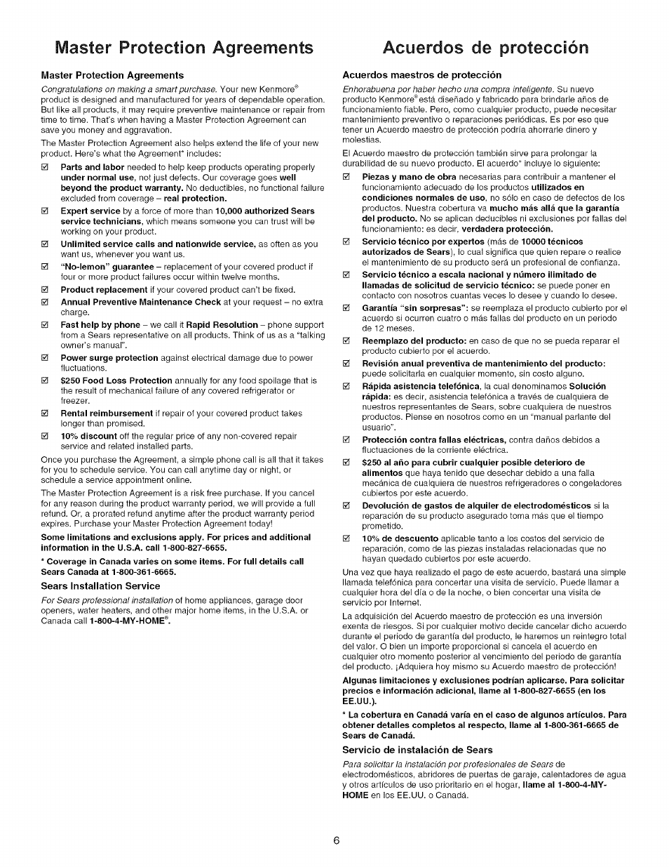 Iviaster protection agreements | Kenmore ELITE 790.7943 User Manual | Page 6 / 40