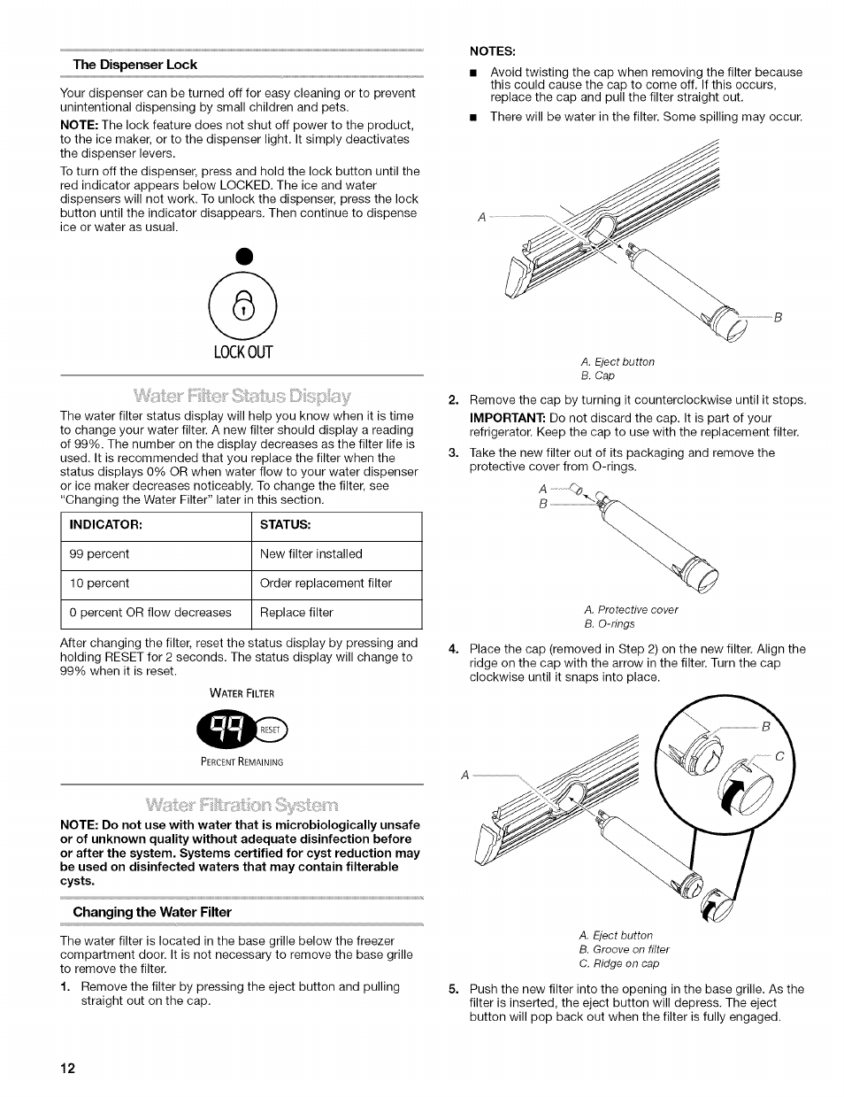 The dispenser lock, Changing the water filter | Kenmore 2305761A User Manual | Page 12 / 76