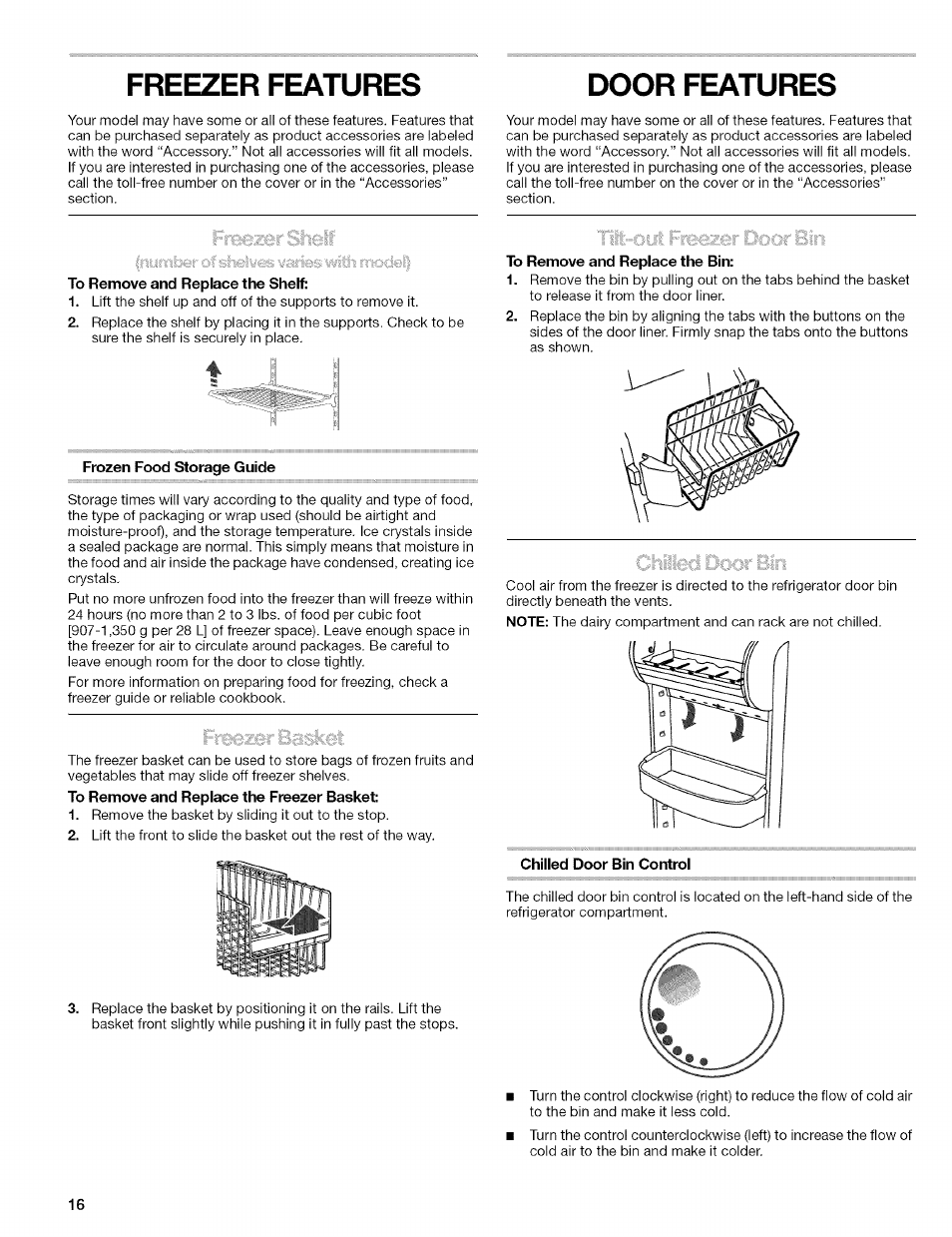 Freezer features, To remove and replace the shelf, Frozen food storage guide | To remove and replace the bin, Chilled door bin control, Freezer features door features, Prmmii&mm | Kenmore 2305761A User Manual | Page 16 / 76