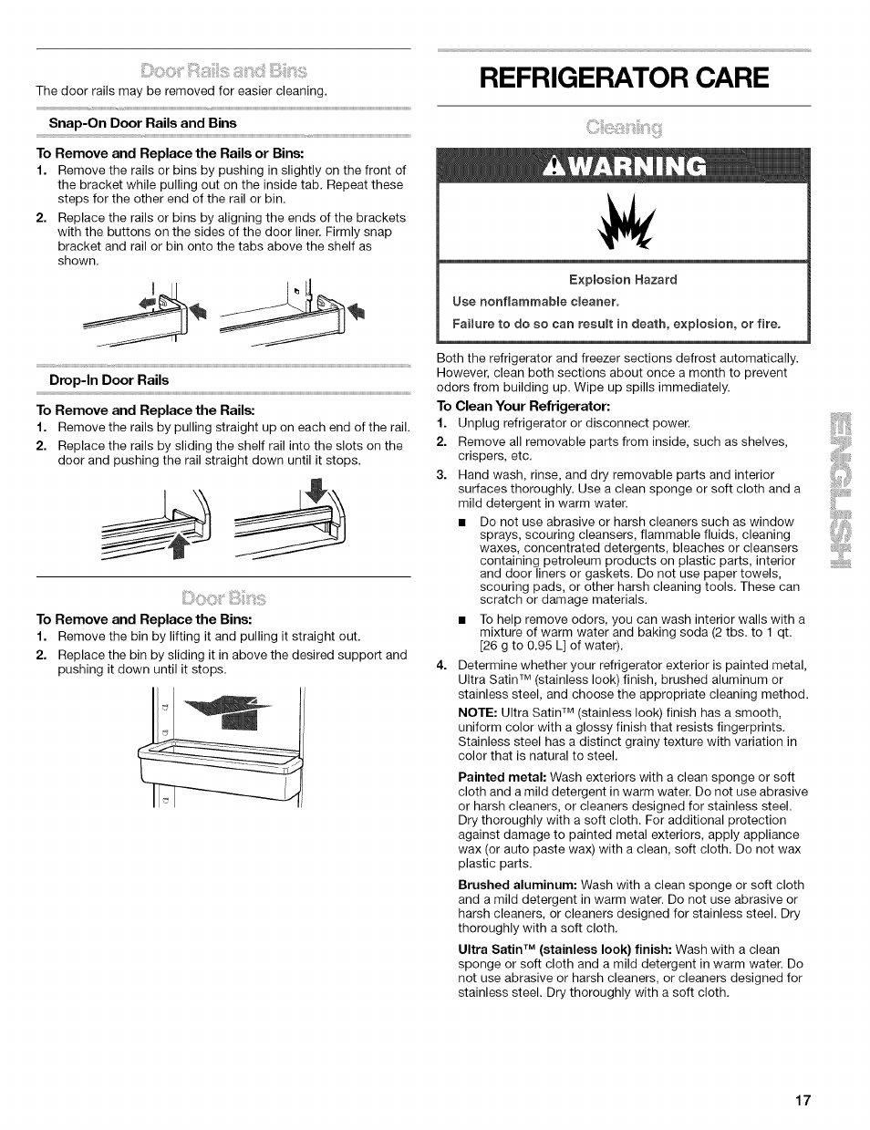 Drop-in door rails, To remove and replace the rails, To remove and replace the bins | Refrigerator care, Warning, Refrigerator features | Kenmore 2305761A User Manual | Page 17 / 76