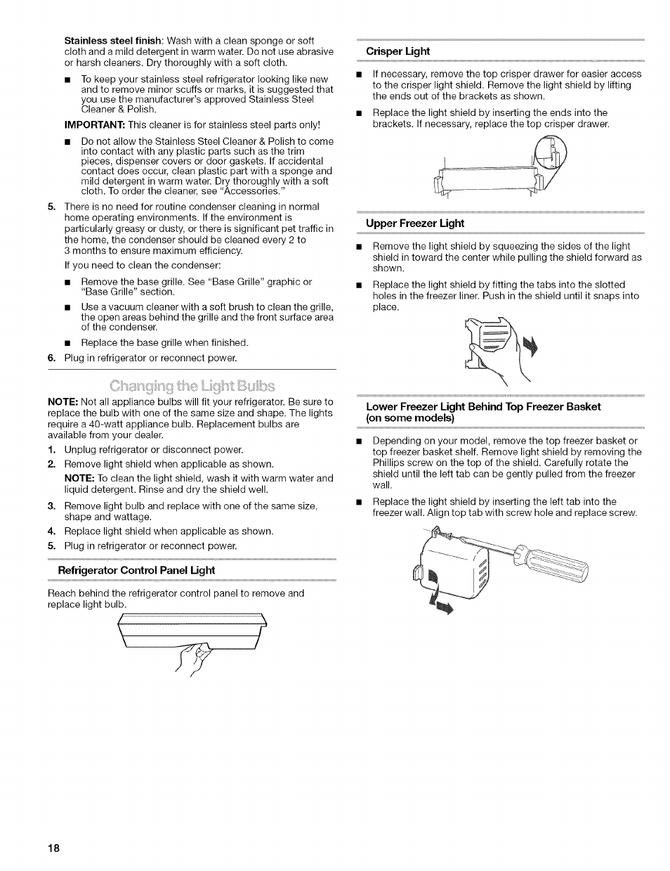 Refrigerator control panel light, Crisper light, Upper freezer light | Kenmore 2305761A User Manual | Page 18 / 76