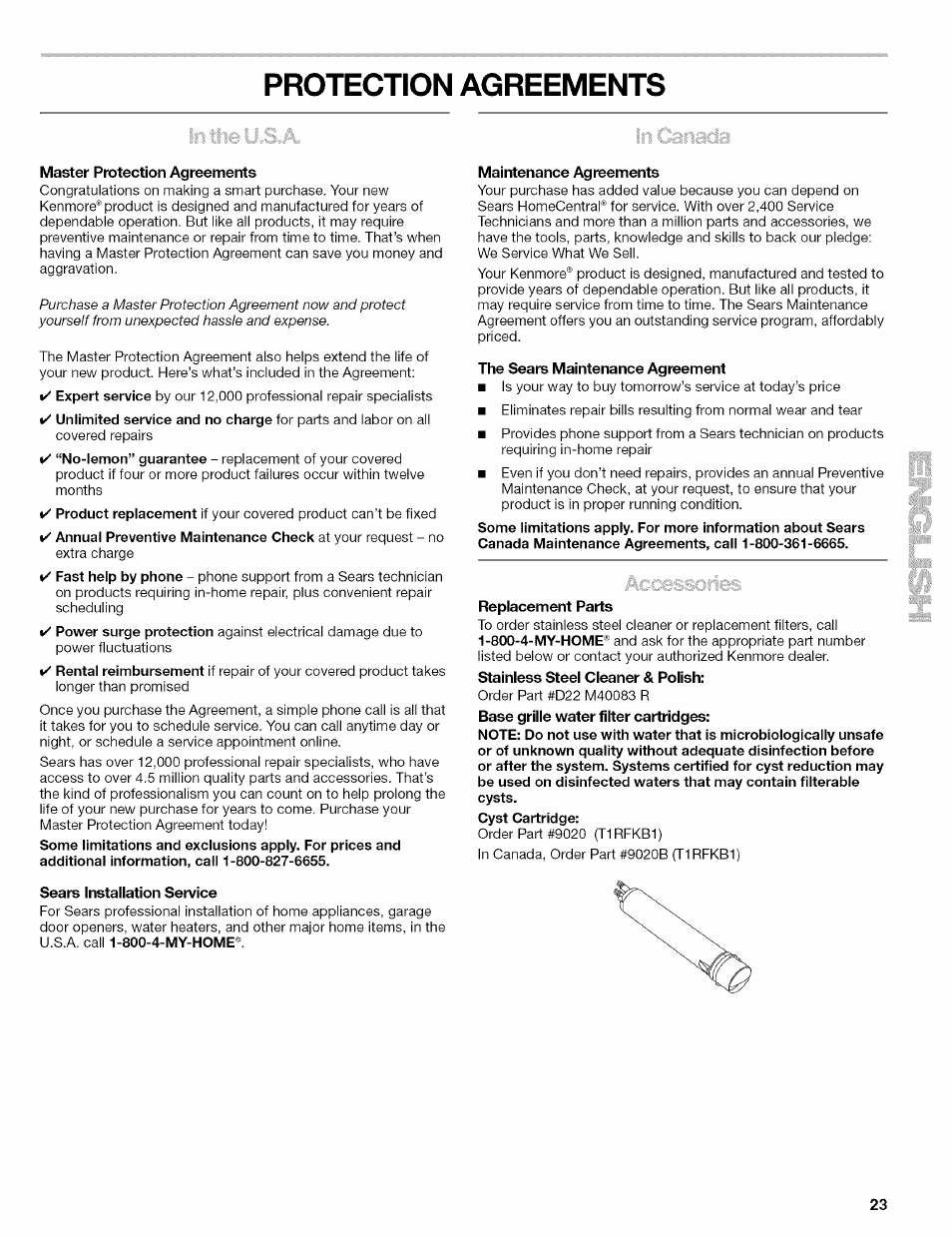 Protection agreements, Master protection agreements, Sears installation service | Maintenance agreements, The sears maintenance agreement, Replacement parts | Kenmore 2305761A User Manual | Page 23 / 76