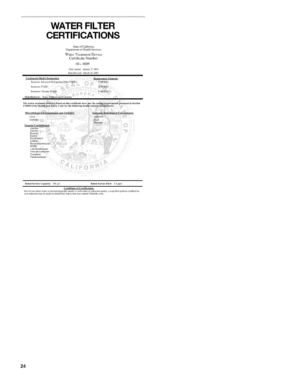 Water filter certifications, Tirskb]..';' ■■ ' tmfkbfivp, F'-f | Kenmore 2305761A User Manual | Page 24 / 76