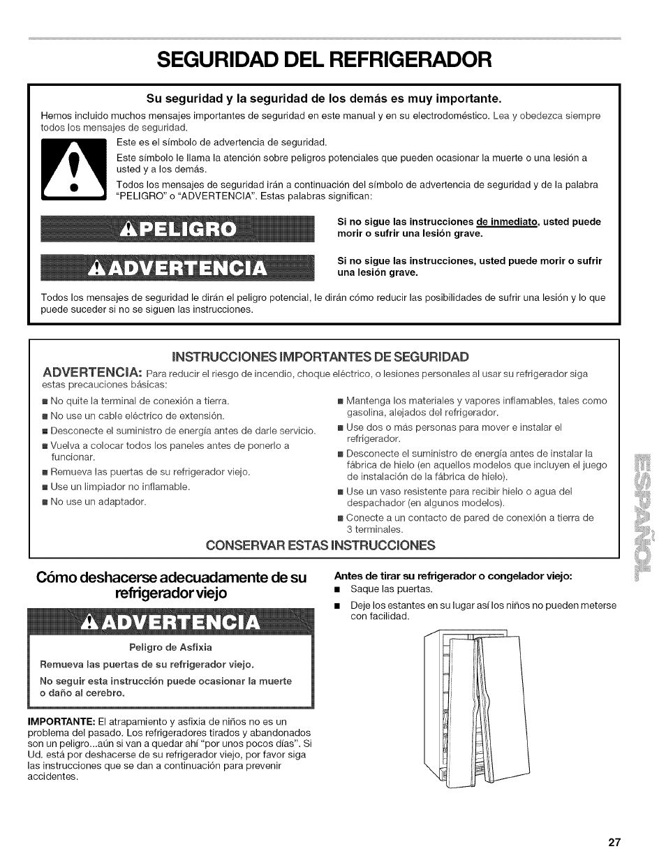 Seguridad del refrigerador, Apeligro, Aadverten | Aadvertenci, Apeligro aadverten | Kenmore 2305761A User Manual | Page 27 / 76