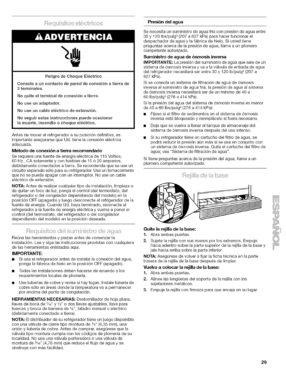 Presión del agua, A advertencia, Importante | Quite la rejilla de la base | Kenmore 2305761A User Manual | Page 29 / 76