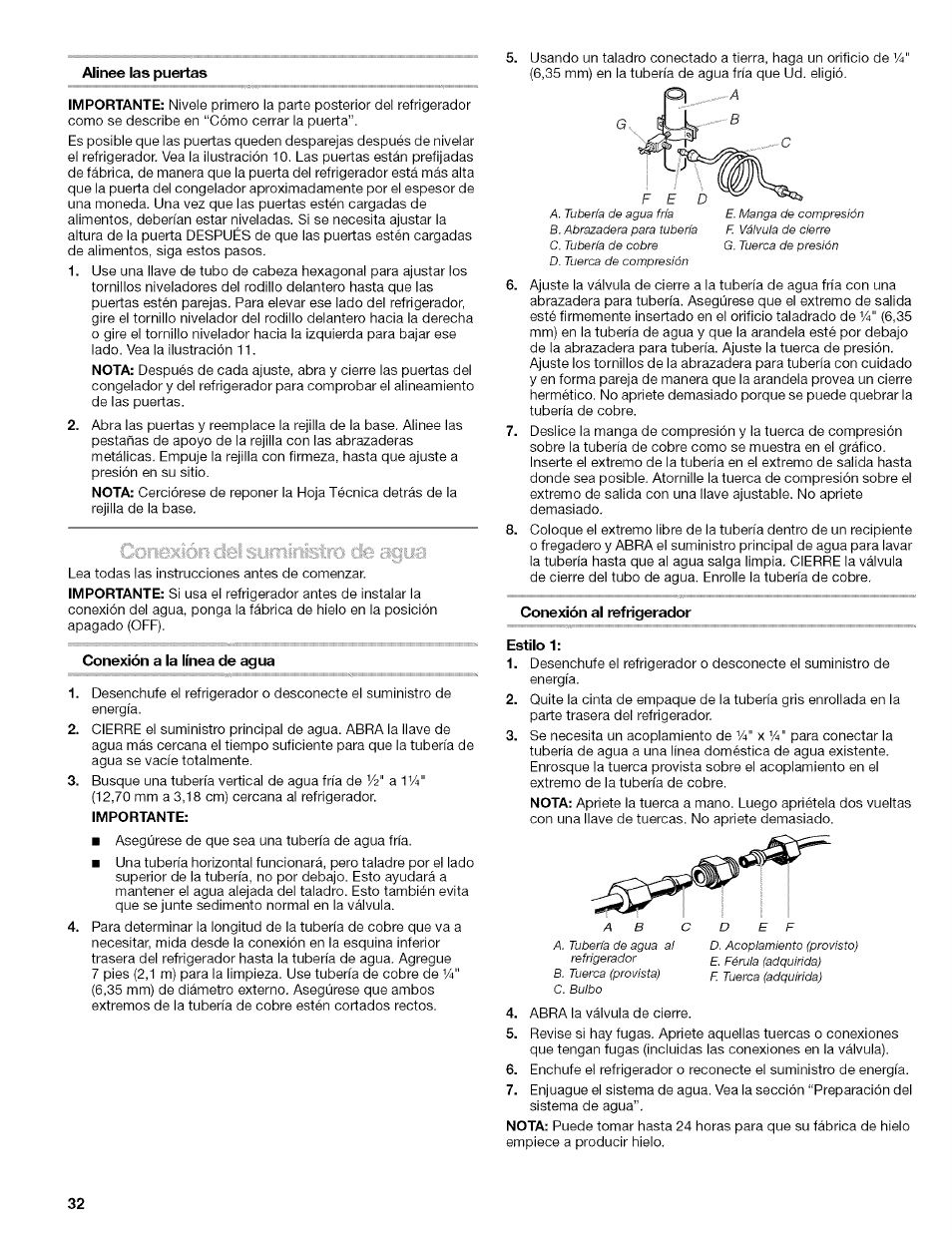 Alinee las puertas, Conexión a la línea de agua, Importante | Conexión al refrigerador | Kenmore 2305761A User Manual | Page 32 / 76