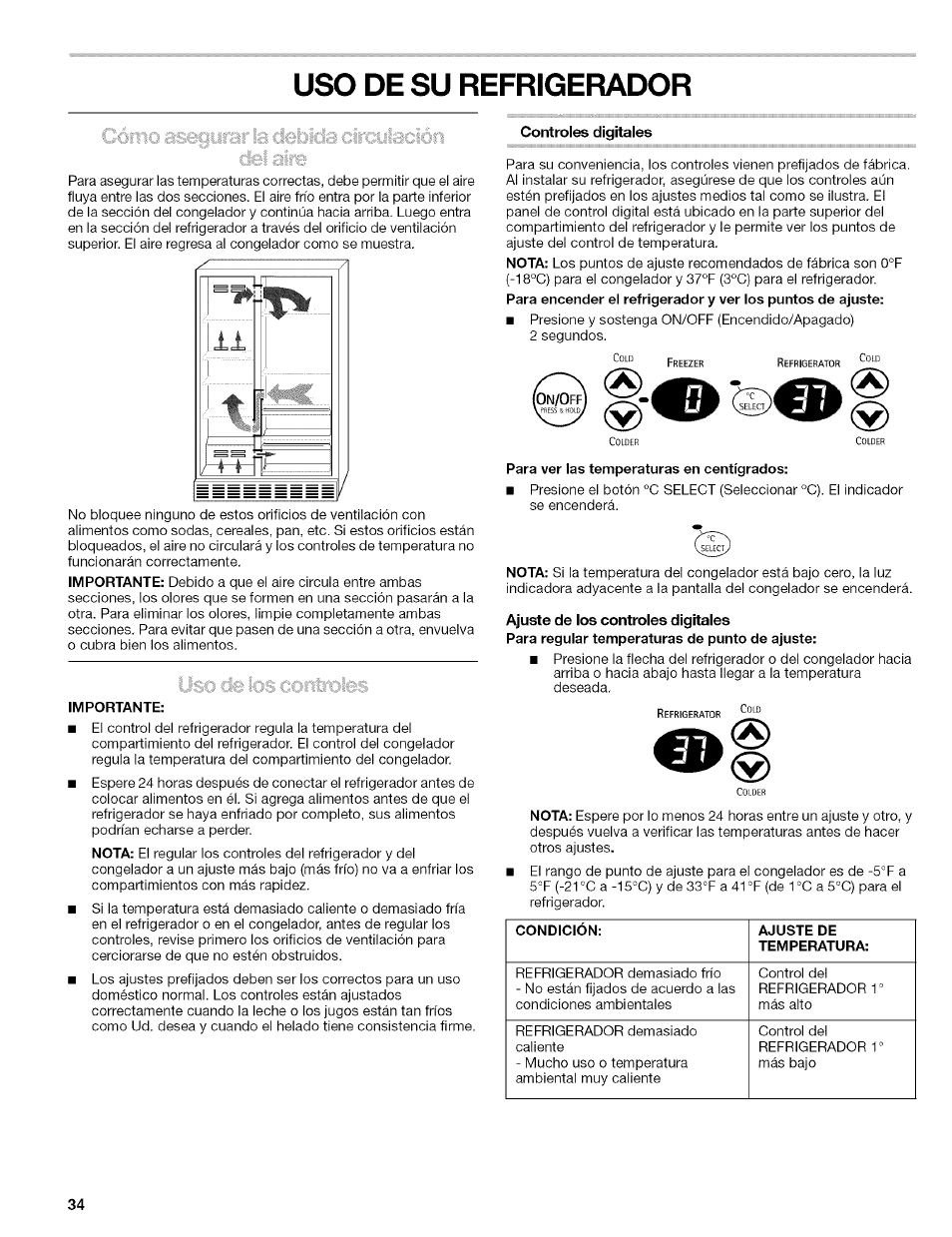 Uso de su refrigerador, Controles digitales, Ajuste de los controles digitales | Puertas del refrigerador, De su refrigerador | Kenmore 2305761A User Manual | Page 34 / 76