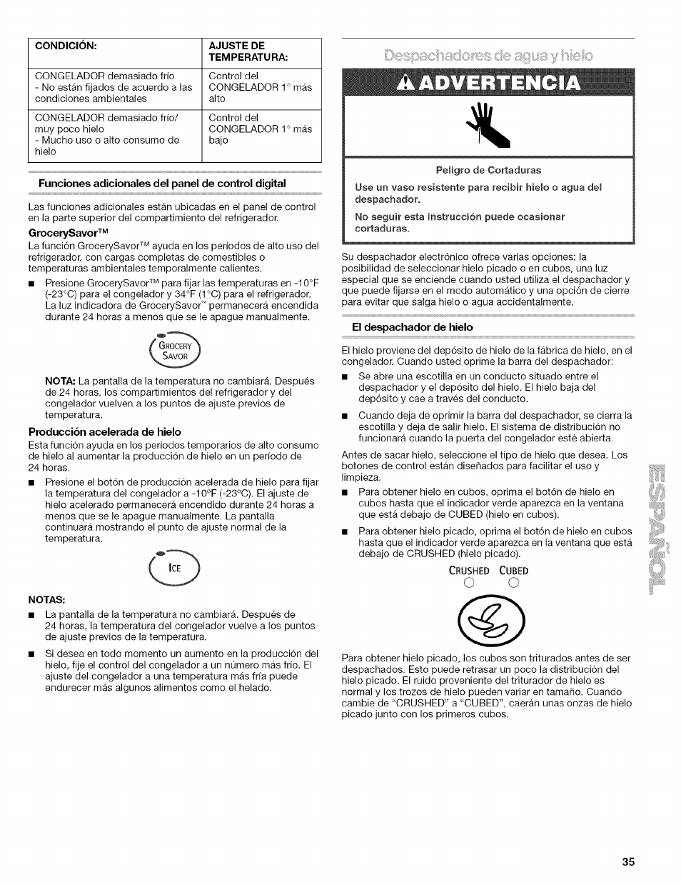 Funciones adicionales del panel de control digital, Producción aceierada de hieio, Aadvertenci | El despachador de hielo, Despachadores de agua y hielo | Kenmore 2305761A User Manual | Page 35 / 76