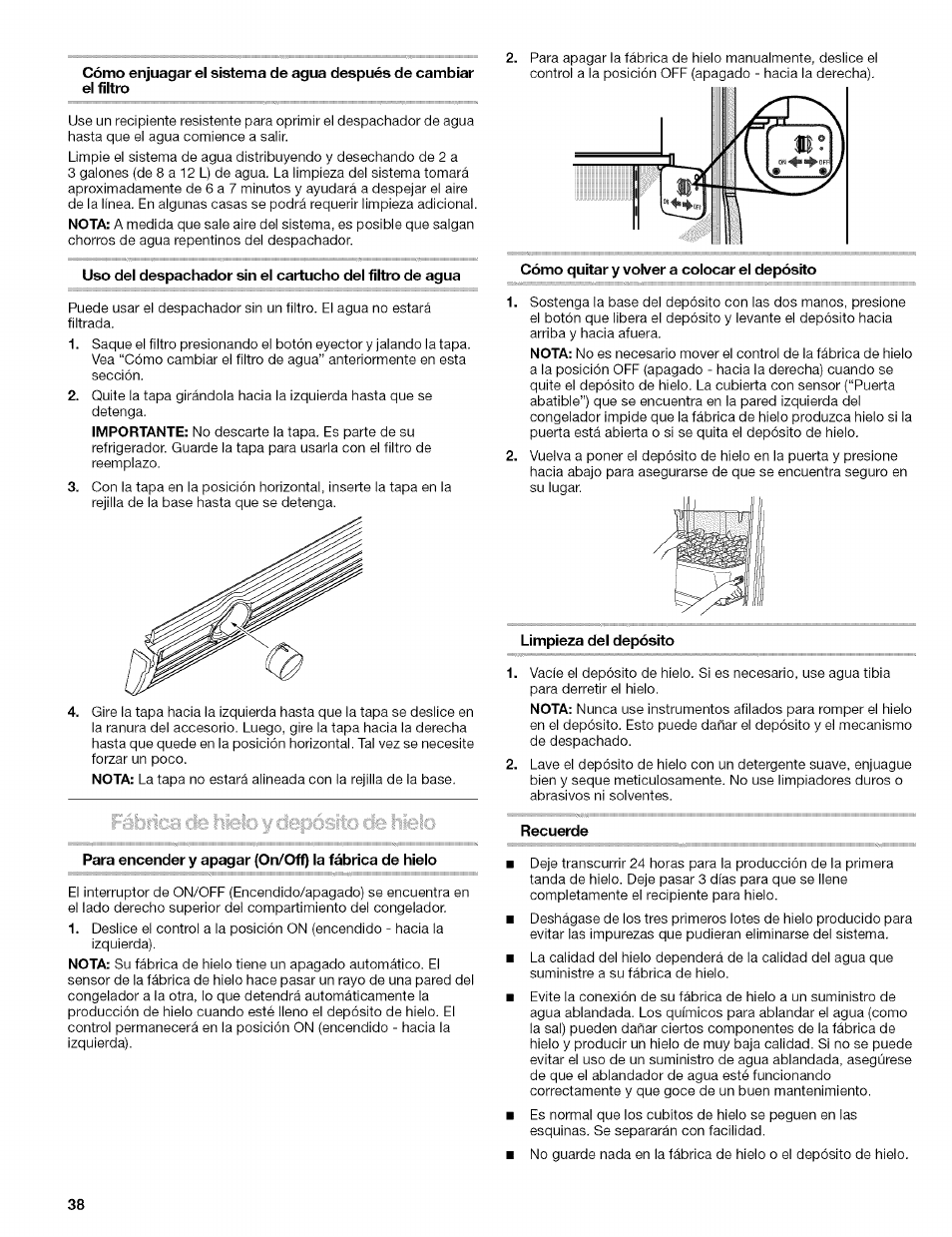 Cómo quitar y volver a colocar el depósito, Limpieza dei depósito, Recuerde | Kenmore 2305761A User Manual | Page 38 / 76