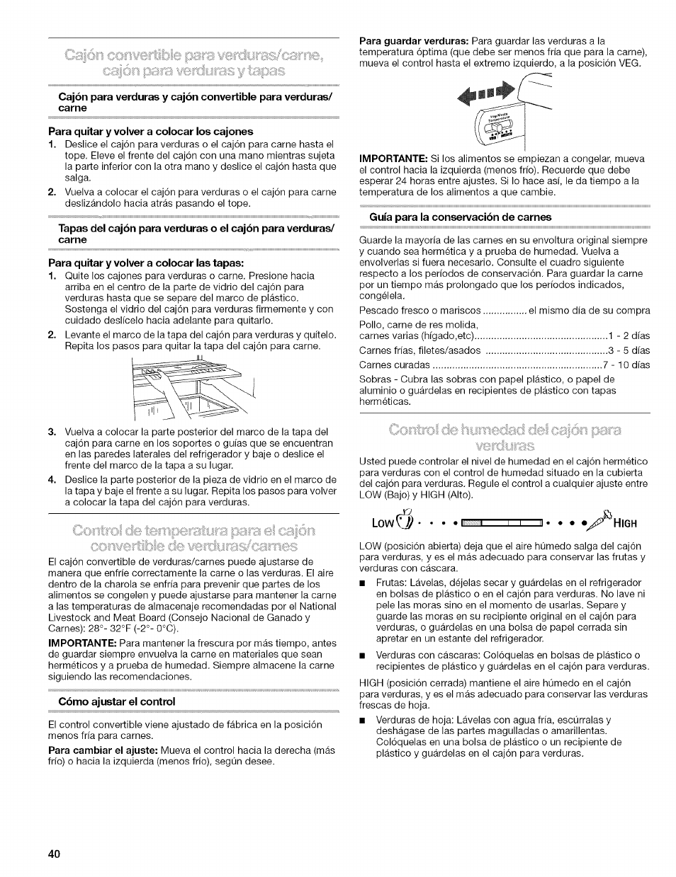 Para quitar y volver a colocar los cajones, Para quitar y volver a colocar las tapas, Cómo ajustar el control | Guía para la conservación de carnes | Kenmore 2305761A User Manual | Page 40 / 76