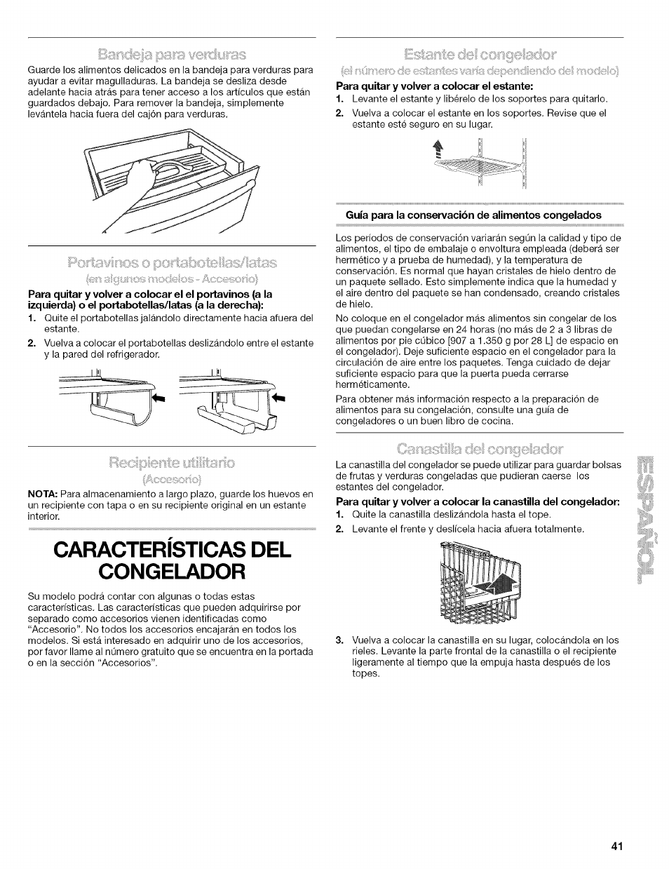 Caracteristicas del congelador, Para quitar y volver a colocar el estante, Guía para la conservación de alimentos congelados | Características del congelador | Kenmore 2305761A User Manual | Page 41 / 76