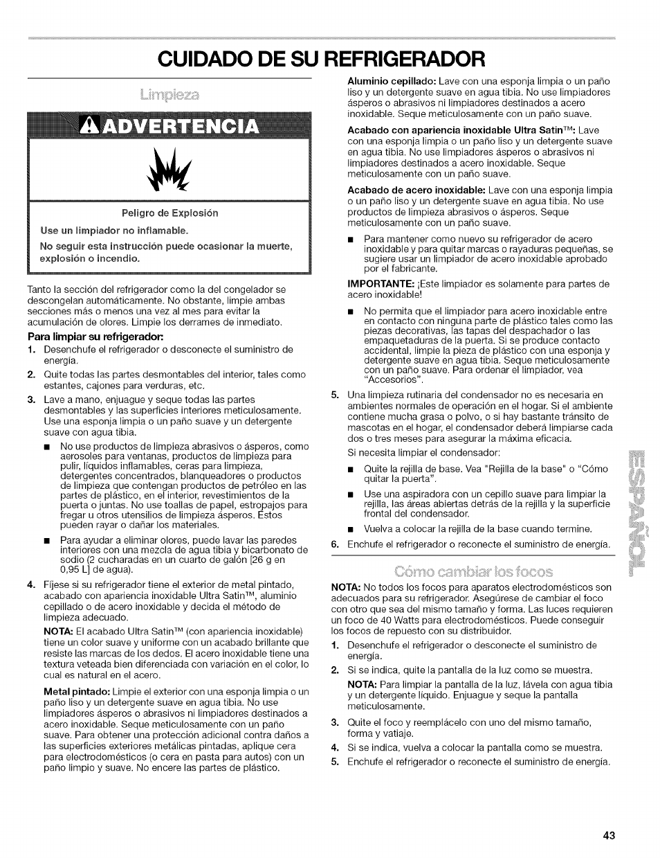 Cuidado de su refrigerador, Uso de su refrigerador, Advertenci | Kenmore 2305761A User Manual | Page 43 / 76
