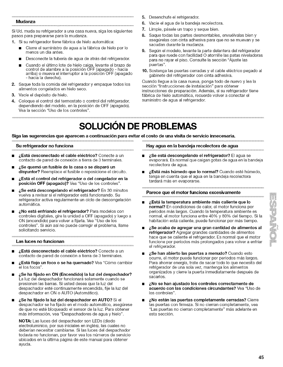 Solucion de problemas, Su refrigerador no funciona, Las luces no funcionan | Hay agua en la bandeja recolectora de agua, Parece que el motor funciona excesivamente, Solución de problemas | Kenmore 2305761A User Manual | Page 45 / 76