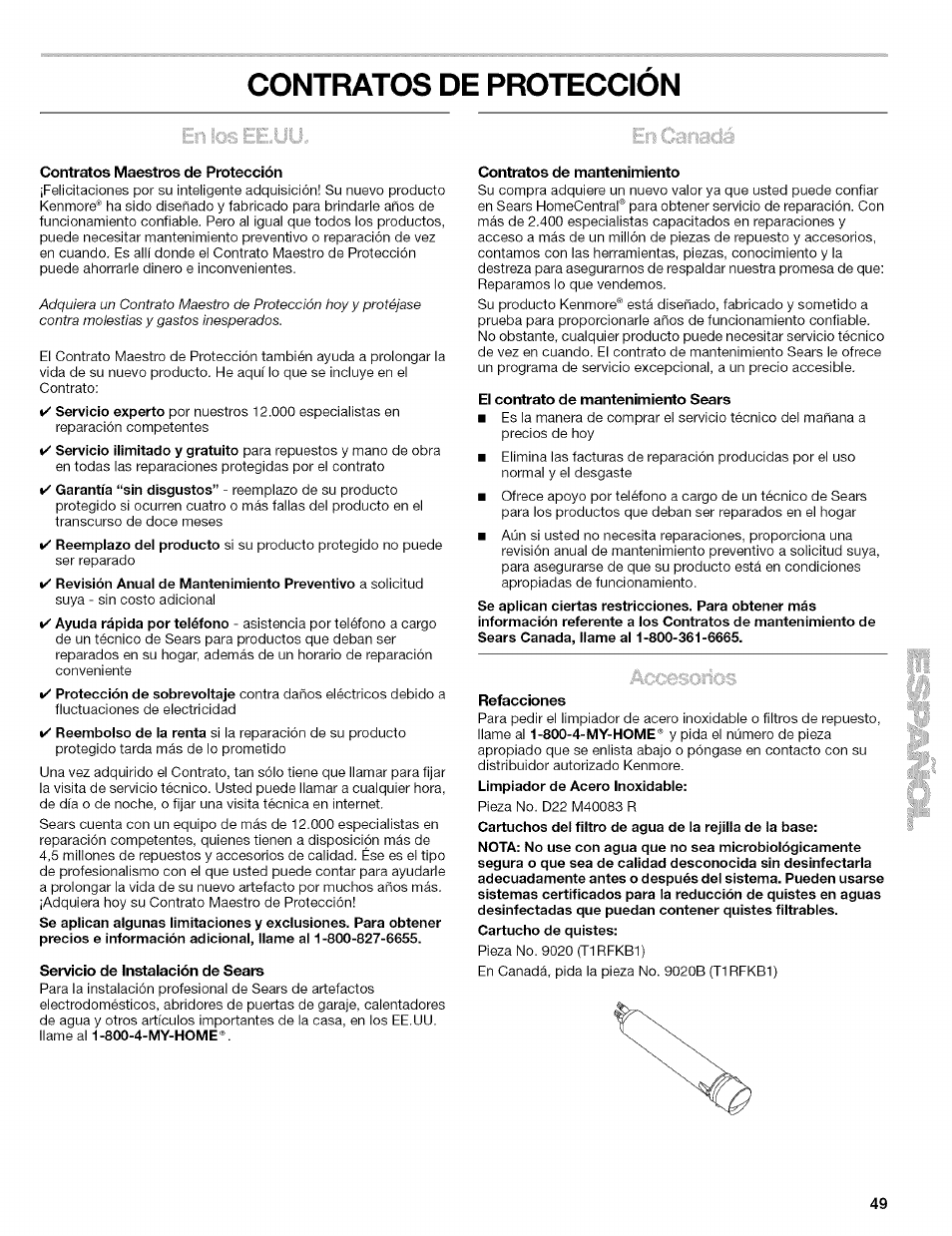 Contratos de proteccion, Contratos maestros de protección, Servicio de instalación de sears | Contratos de mantenimiento, El contrato de mantenimiento sears, Refacciones, Contratos de protección | Kenmore 2305761A User Manual | Page 49 / 76