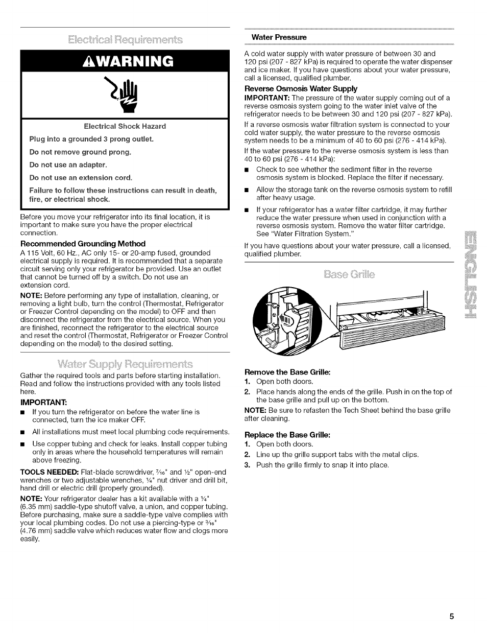 Water pressure, Awarning, Recommended grounding method | Reverse osmosis water supply, Important, Remove the base grille, Replace the base grille | Kenmore 2305761A User Manual | Page 5 / 76