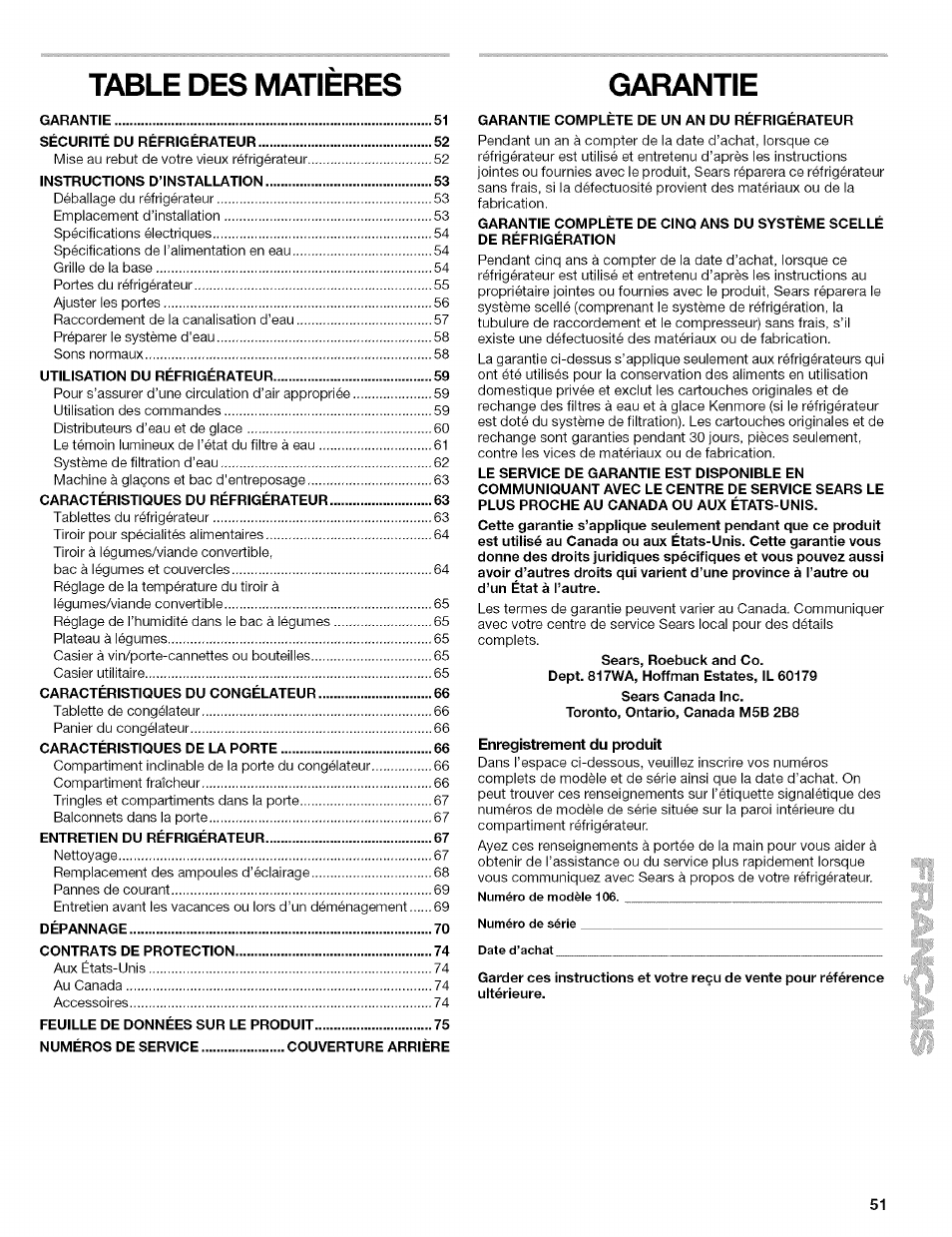 Table des matieres, Garantie | Kenmore 2305761A User Manual | Page 51 / 76