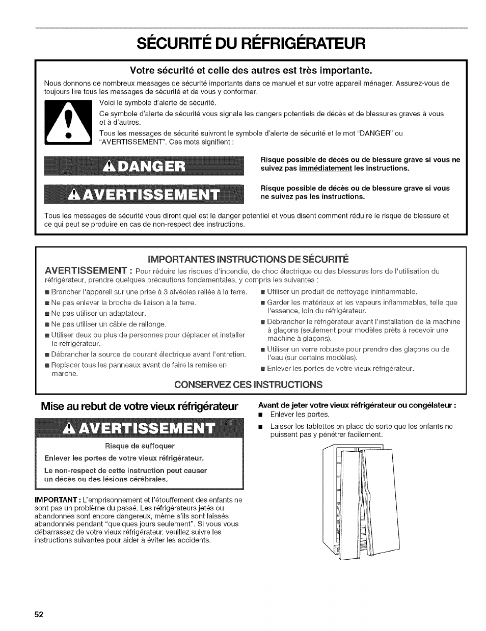Securite du refrigerateur, Adanger, Mise au rebut de votre vieux réfrigérateur | A avertissement, Sécurité du réfrigérateur, Umusmime.i | Kenmore 2305761A User Manual | Page 52 / 76