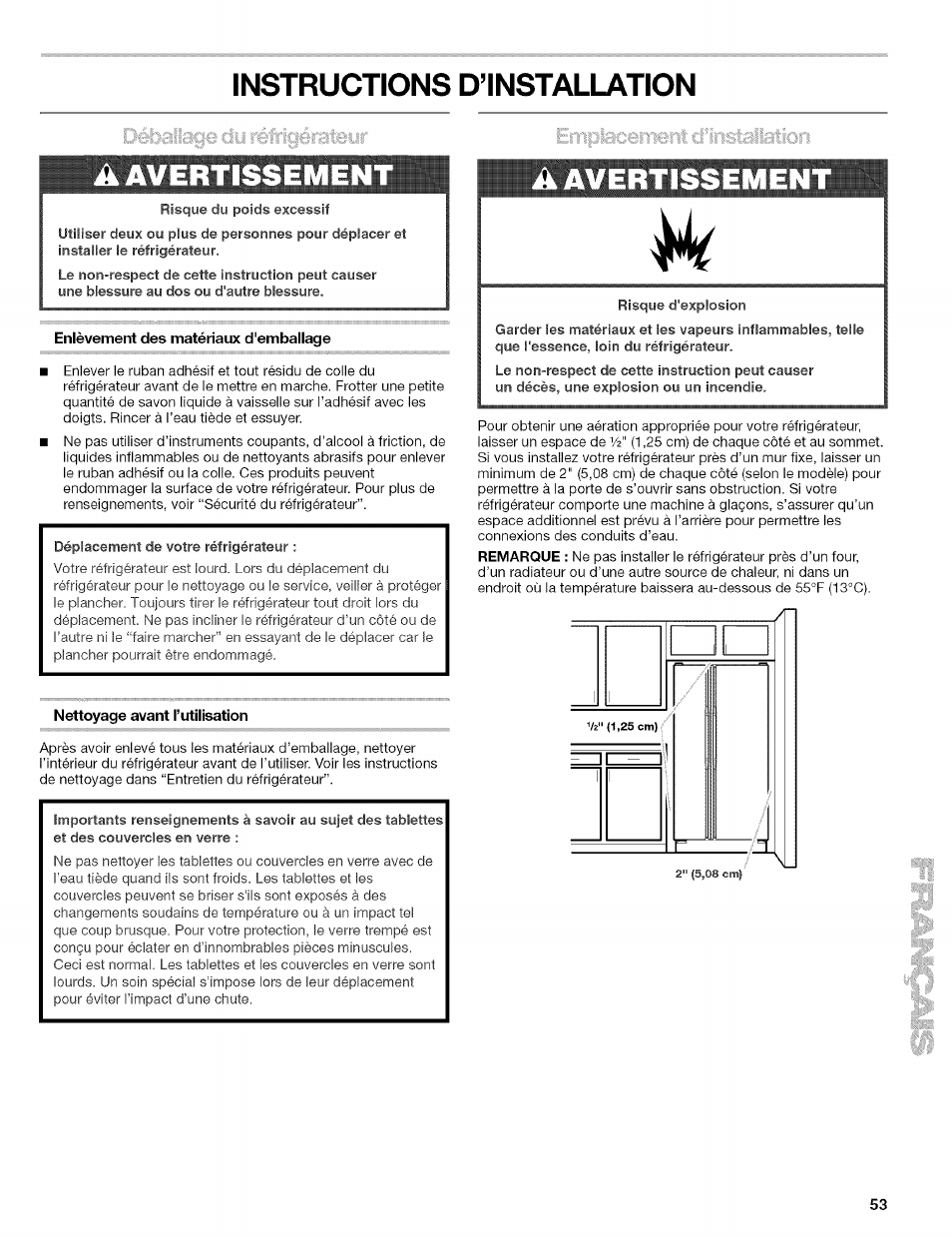 Instructions d’installation, A. avertissement, Enlèvement des matériaux d'emballage | Nettoyage avant l’utilisation, Ikavertissemen, Avertissement | Kenmore 2305761A User Manual | Page 53 / 76