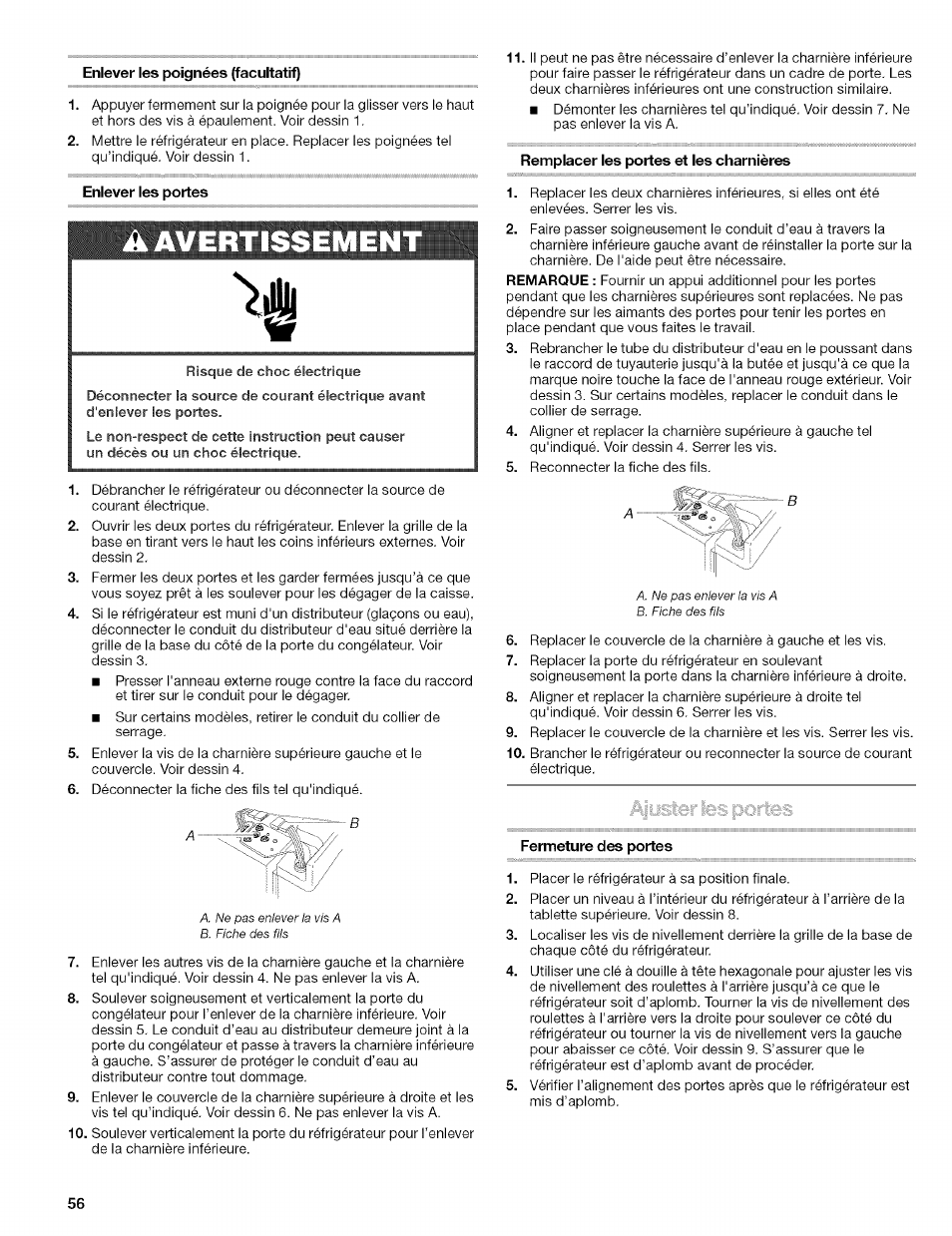 Enlever les poignées (facultatif), Enlever les portes, Aavertissemen | Remplacer les portes et les charnières, Fermeture des portes | Kenmore 2305761A User Manual | Page 56 / 76