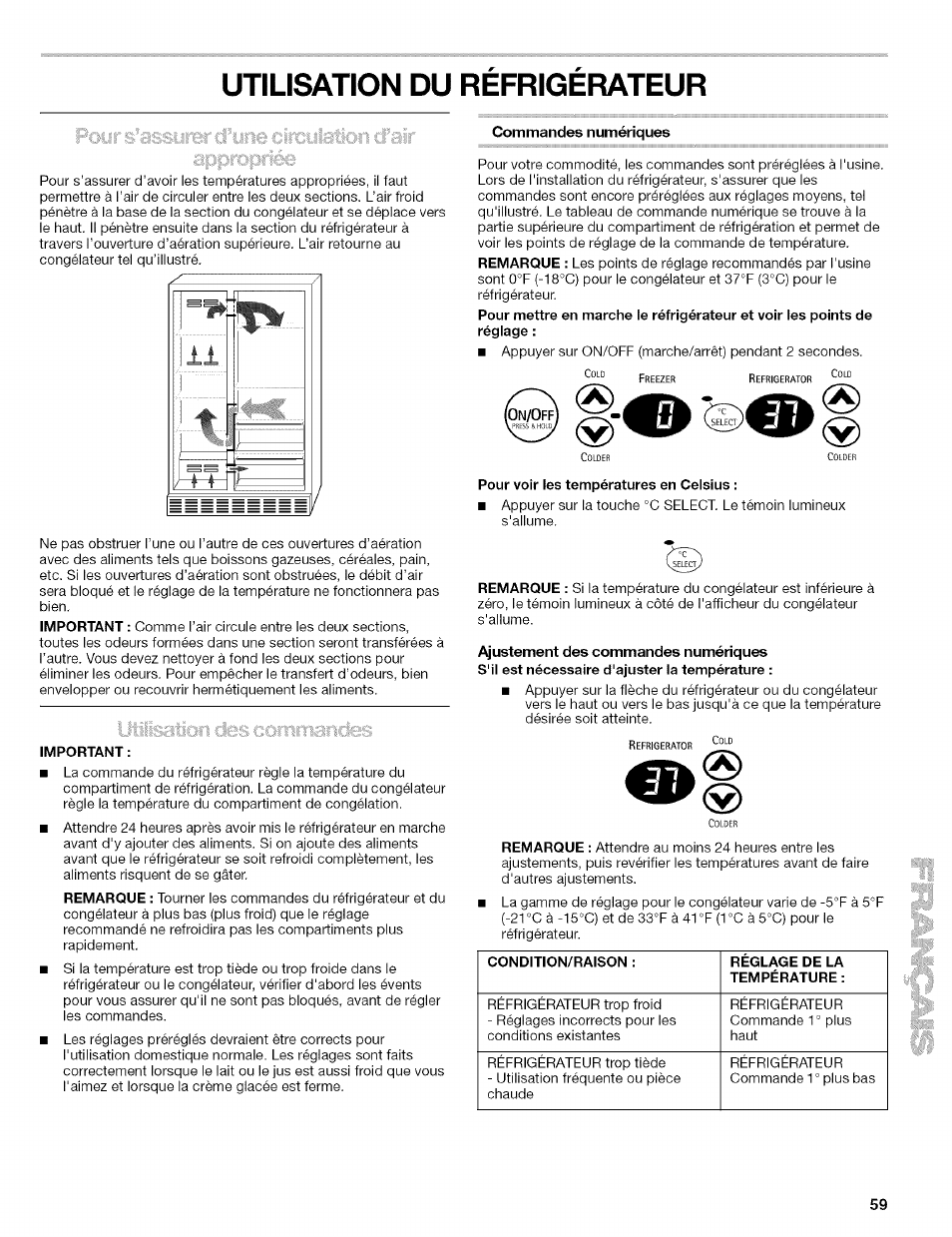 Utilisation du refrigerateur, Utilisation du réfrigérateur | Kenmore 2305761A User Manual | Page 59 / 76