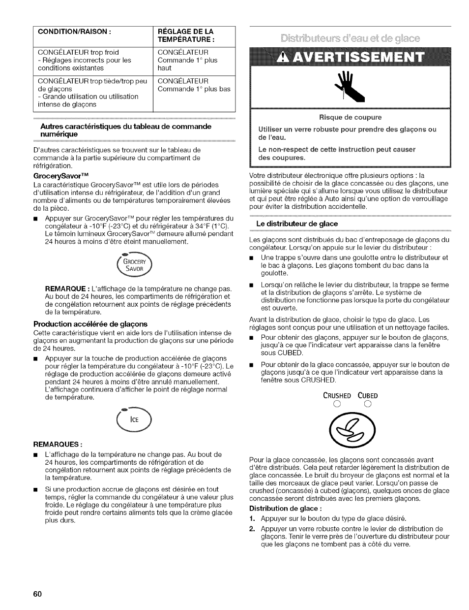 A avertissement, Le distributeur de giace | Kenmore 2305761A User Manual | Page 60 / 76