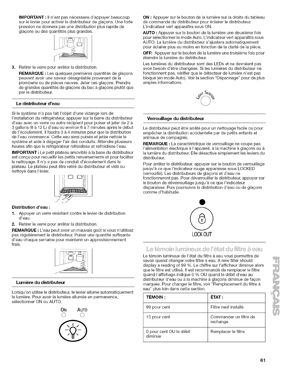 Le distributeur d’eau, Verrouillage du distributeur, Lumière du distributeur | Kenmore 2305761A User Manual | Page 61 / 76