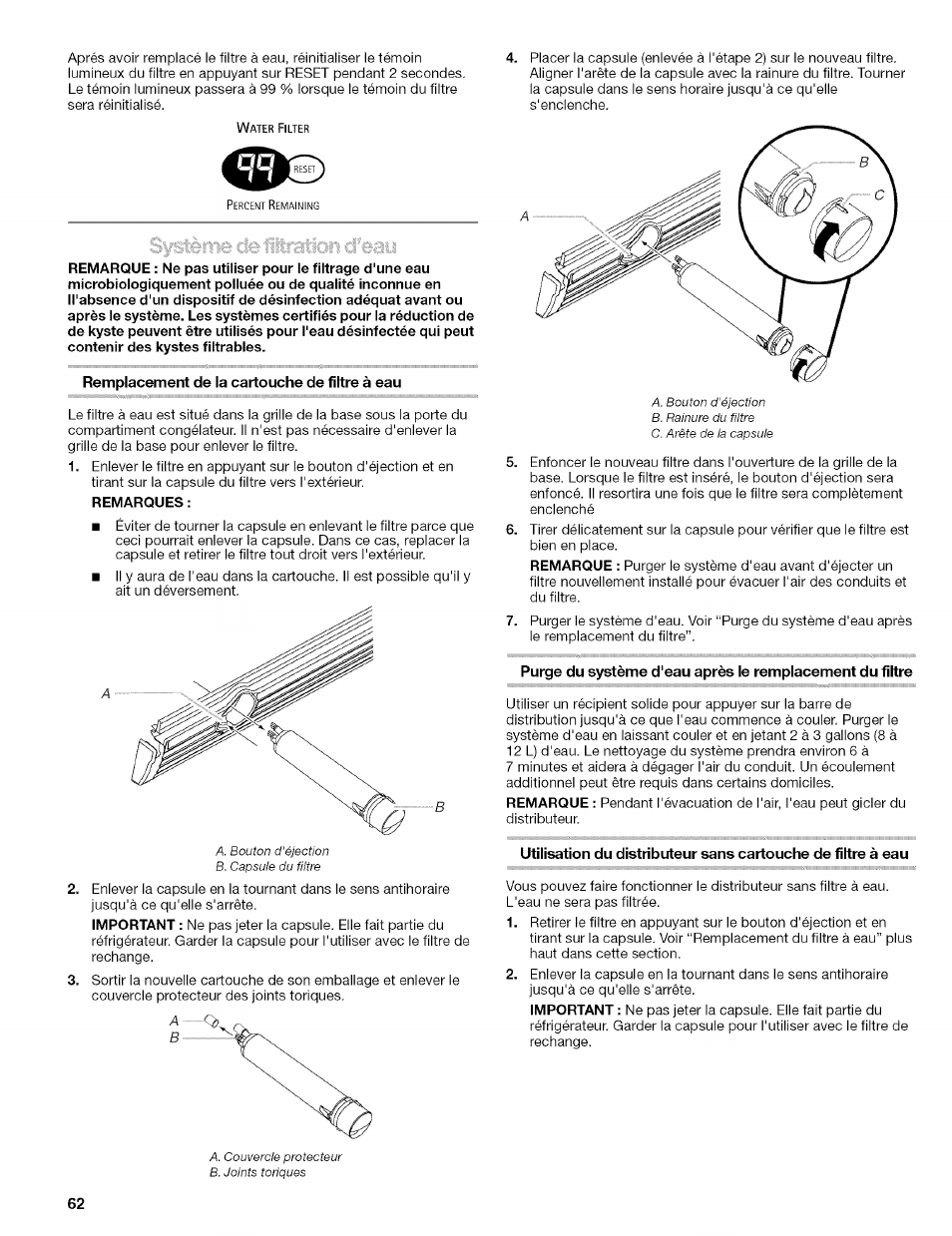 Remplacement de la cartouche de filtre à eau | Kenmore 2305761A User Manual | Page 62 / 76