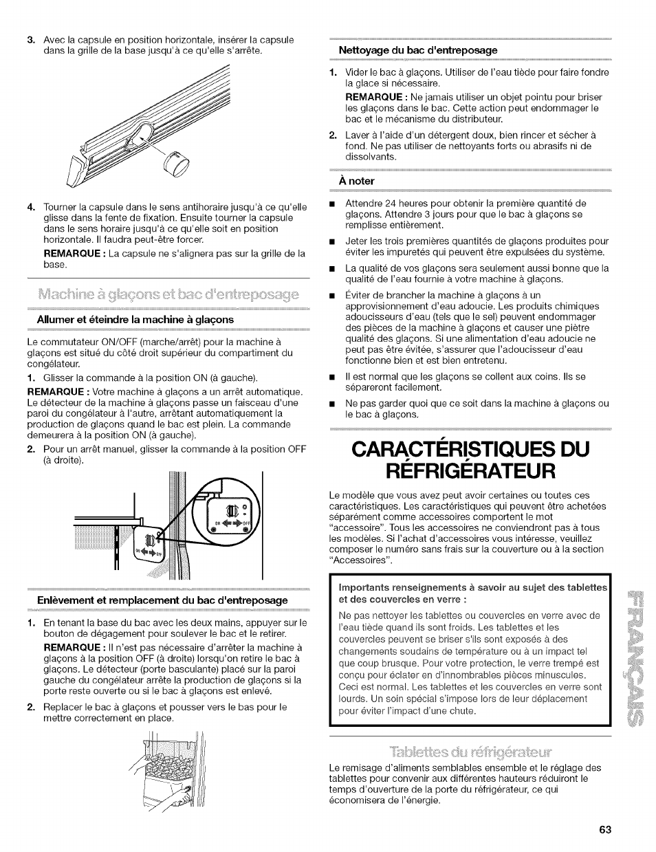 Nettoyage du bac d'entreposage, Allumer et éteindre la machine à glaçons, Enlèvement et remplacement du bac d'entreposage | À noter, Caracterictiques du réfrigérateur, Caractéristiques du réfrigérateur | Kenmore 2305761A User Manual | Page 63 / 76