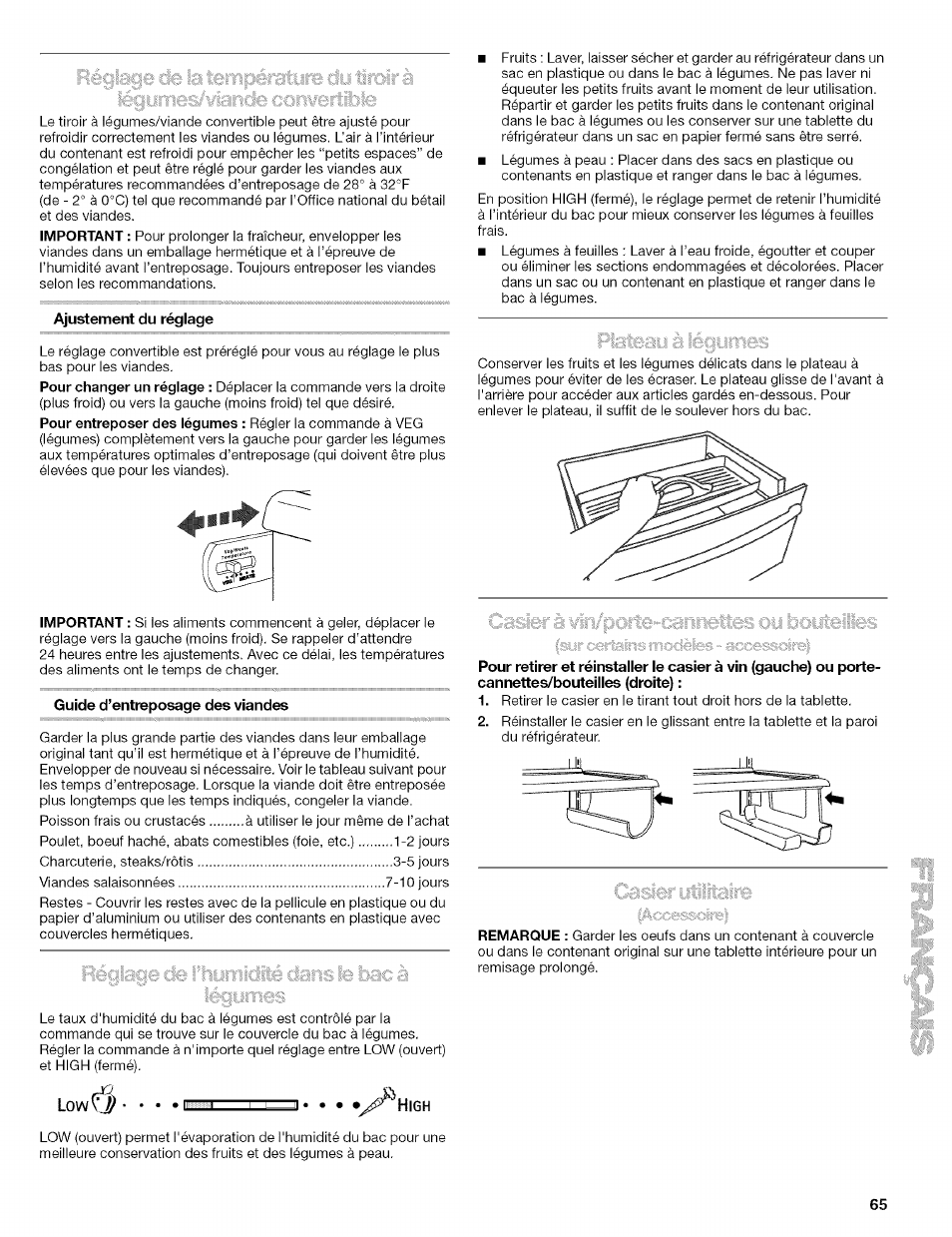 Ajustement du réglage, Guide d’entreposage des viandes | Kenmore 2305761A User Manual | Page 65 / 76