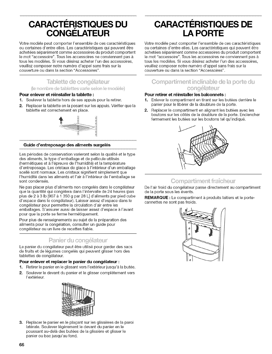 Caracteristiques du congélateur, Pour enlever et réinstaller la tablette, Guide d’entreposage des aliments surgelés | Caracteristiques de la porte, Pour retirer et réinstaller les balconnets, Caractéristiques du congélateur, Caractéristiques de la porte | Kenmore 2305761A User Manual | Page 66 / 76