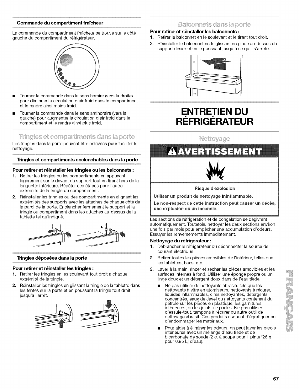 Commande du compartiment fraîcheur, Pour retirer et réinstaller les balconnets, Entretien du réfrigérateur | Tringles déposées dans la porte, Pour retirer et réinstaller les tringles, Tablettes du réfrigérateur, Tringles et compartiments dans la porte, Avertissemen | Kenmore 2305761A User Manual | Page 67 / 76