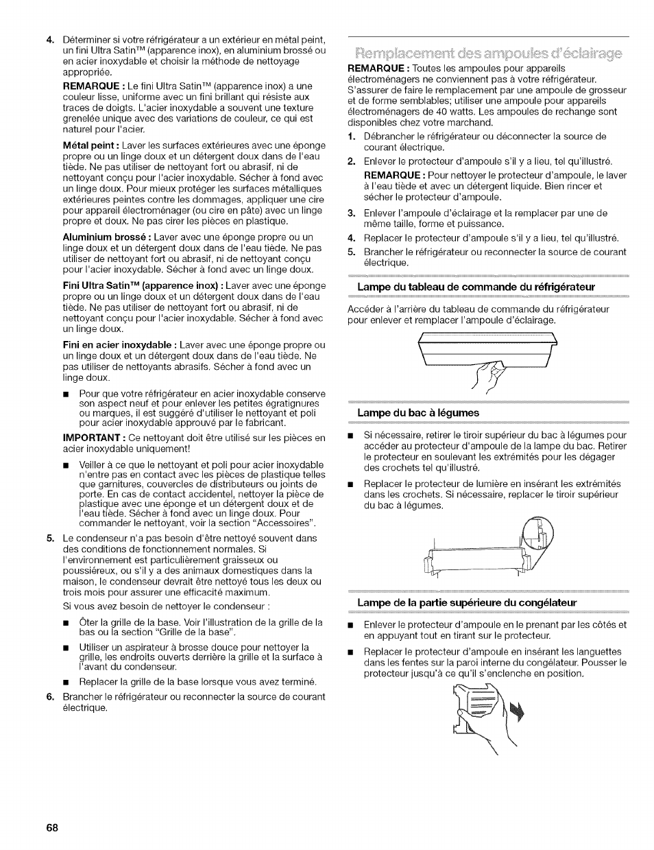 Lampe du tableau de commande du réfrigérateur, Lampe du bac à légumes, Lampe de la partie supérieure du congélateur | Kenmore 2305761A User Manual | Page 68 / 76