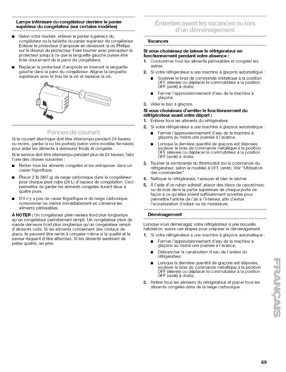 Vacances, Si vous choisissez de iaisser ie réfrigérateur en, Déménagement | Kenmore 2305761A User Manual | Page 69 / 76
