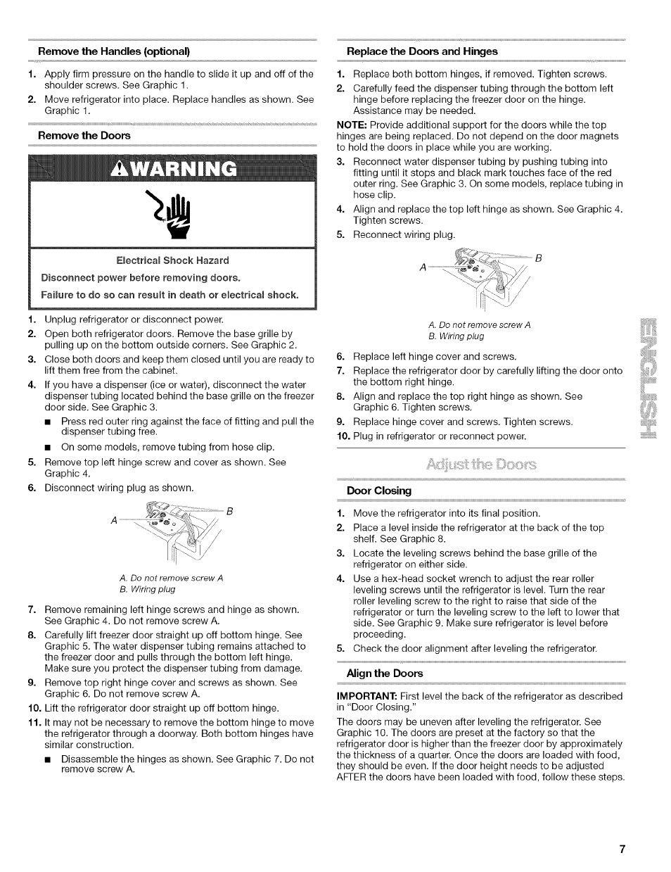 Remove the handles (optional), Replace the doors and hinges, Remove the doors | Warning, Door closing, Align the doors | Kenmore 2305761A User Manual | Page 7 / 76
