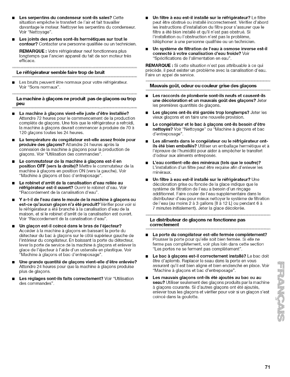 Le réfrigérateur semble faire trop de bruit, Mauvais goût, odeur ou couleur grise des glaçons | Kenmore 2305761A User Manual | Page 71 / 76