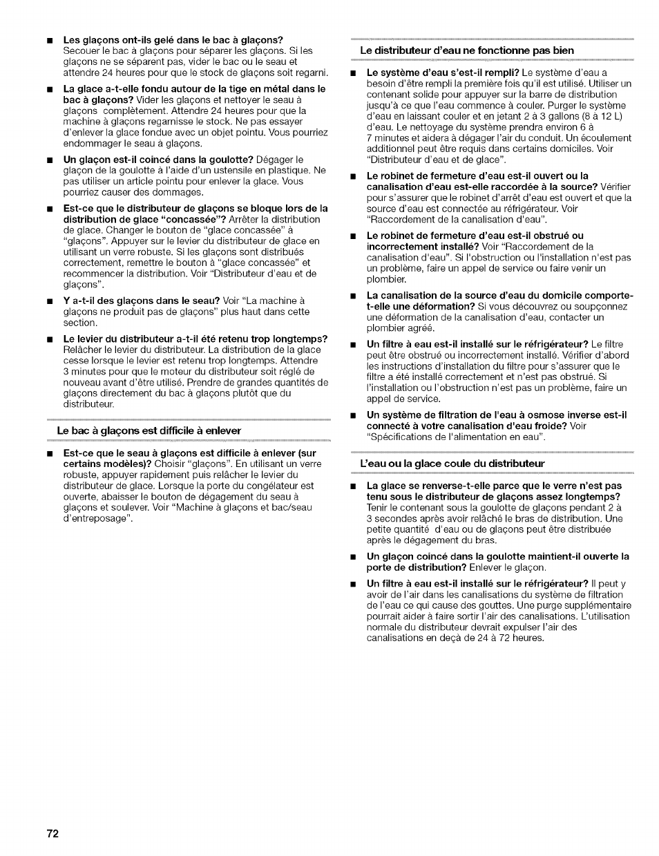 Les glaçons ont-ils gelé dans le bac à glaçons, Le bac à glaçons est difficile à enlever, Le distributeur d’eau ne fonctionne pas bien | L’eau ou la glace coule du distributeur | Kenmore 2305761A User Manual | Page 72 / 76