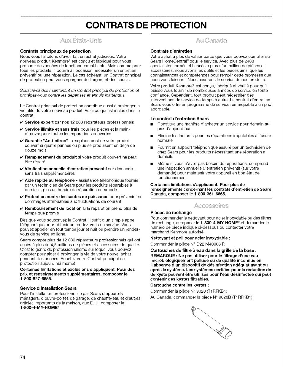 Contrats de protection, Contrats principaux de protection, Service d’installation sears | Contrats d’entretien, Le contrat d’entretien sears, Pièces de rechange | Kenmore 2305761A User Manual | Page 74 / 76
