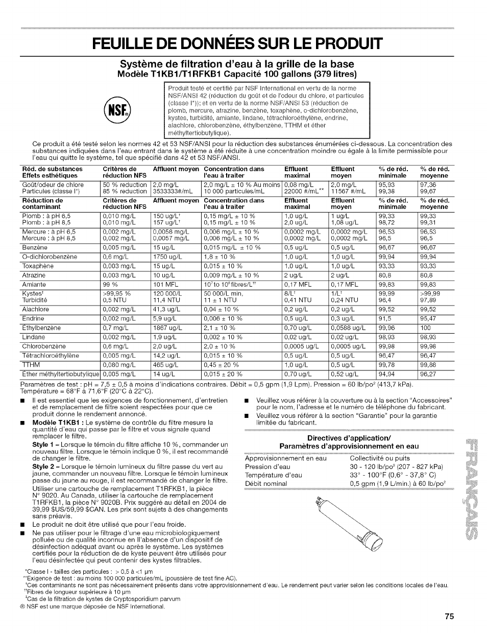 Feuille de donnees sur le produit, Feuille de données sur le produit, Système de filtration d’eau à la grille de la base | Kenmore 2305761A User Manual | Page 75 / 76